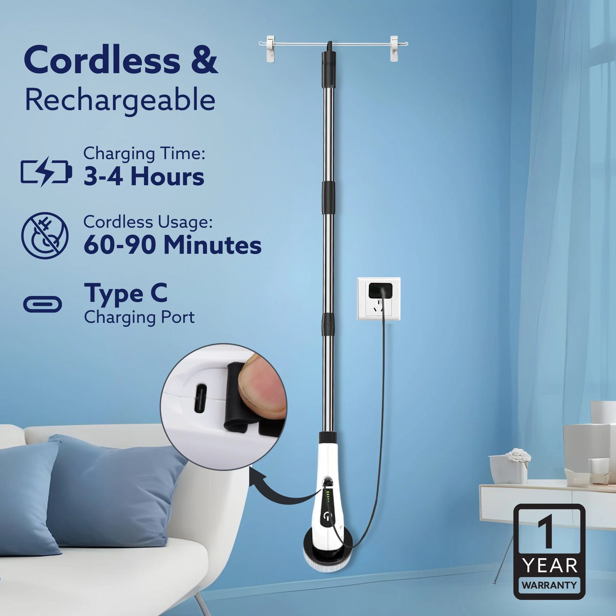 AGARO Royal Electric Spin Scrubber, Cleaning Brush Scrubber for Home, 300RPM/Min, 8 Replaceable Brush Heads, 90 Min Work Time, 3 Adjustable Size, 2 Adjustable Speeds, for Bathroom, Floor Tiles, White - Image 6