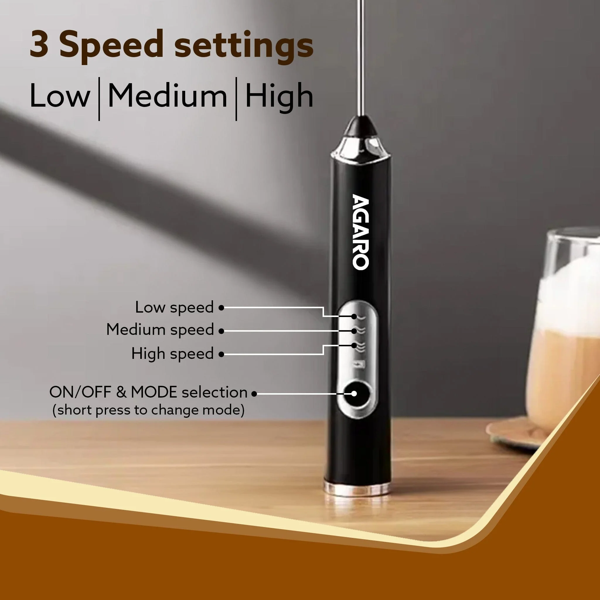 Royal Milk Frother, 3-Speed Electric Frother for Coffee with Whisk and Frother, Frother Mixer, Stand-up Design, for Cream (Whisk Milk frother), Rechargeable, Stainless Steel - Image 5