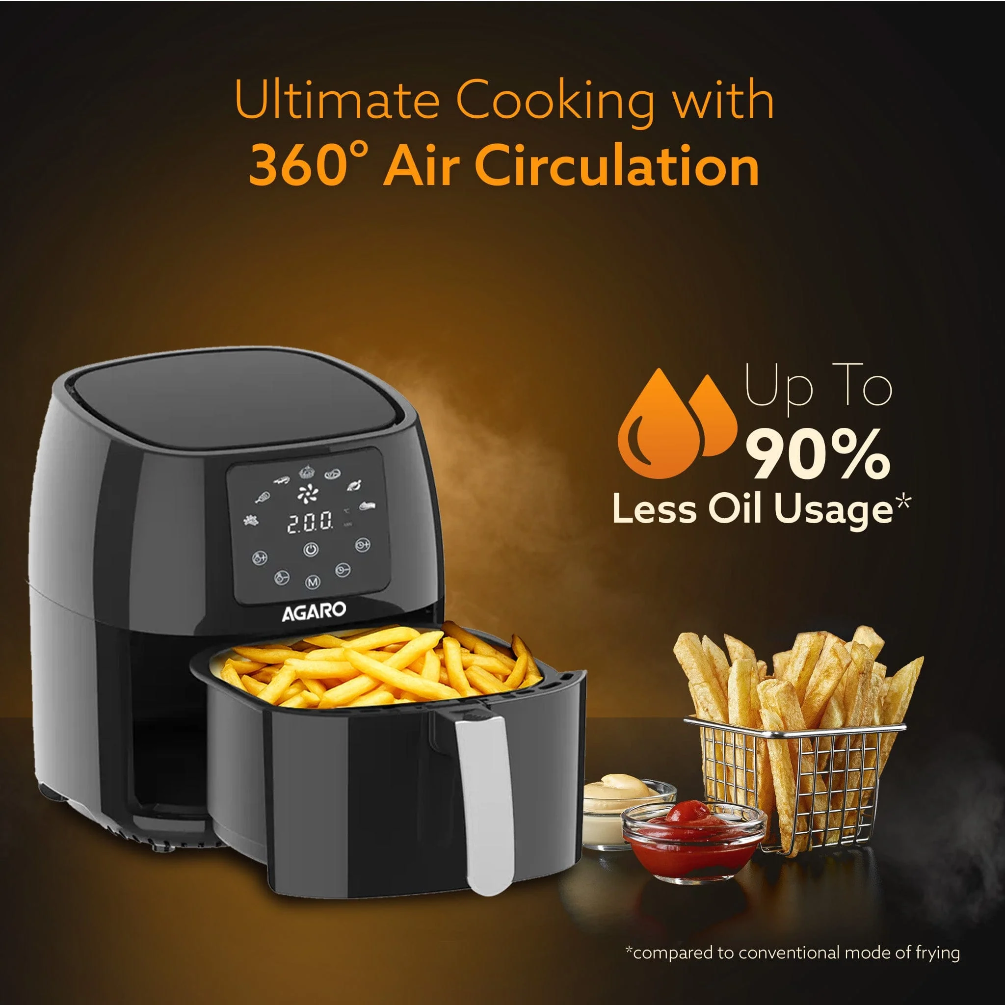 Sapphire Digital Air Fryer For Home, 4.5L, Electric Air Fryer Oven, 1400W, 7 Preset Programs, 360?ø Air Circulation, Convection Oven,  Digital touch Display, Fry, Bake, Roast, Toast, Black - Image 3