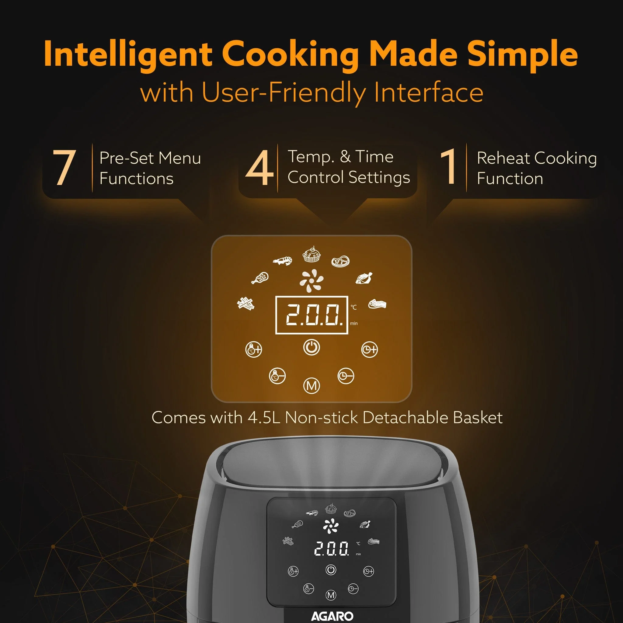 Sapphire Digital Air Fryer For Home, 4.5L, Electric Air Fryer Oven, 1400W, 7 Preset Programs, 360?ø Air Circulation, Convection Oven,  Digital touch Display, Fry, Bake, Roast, Toast, Black - Image 4
