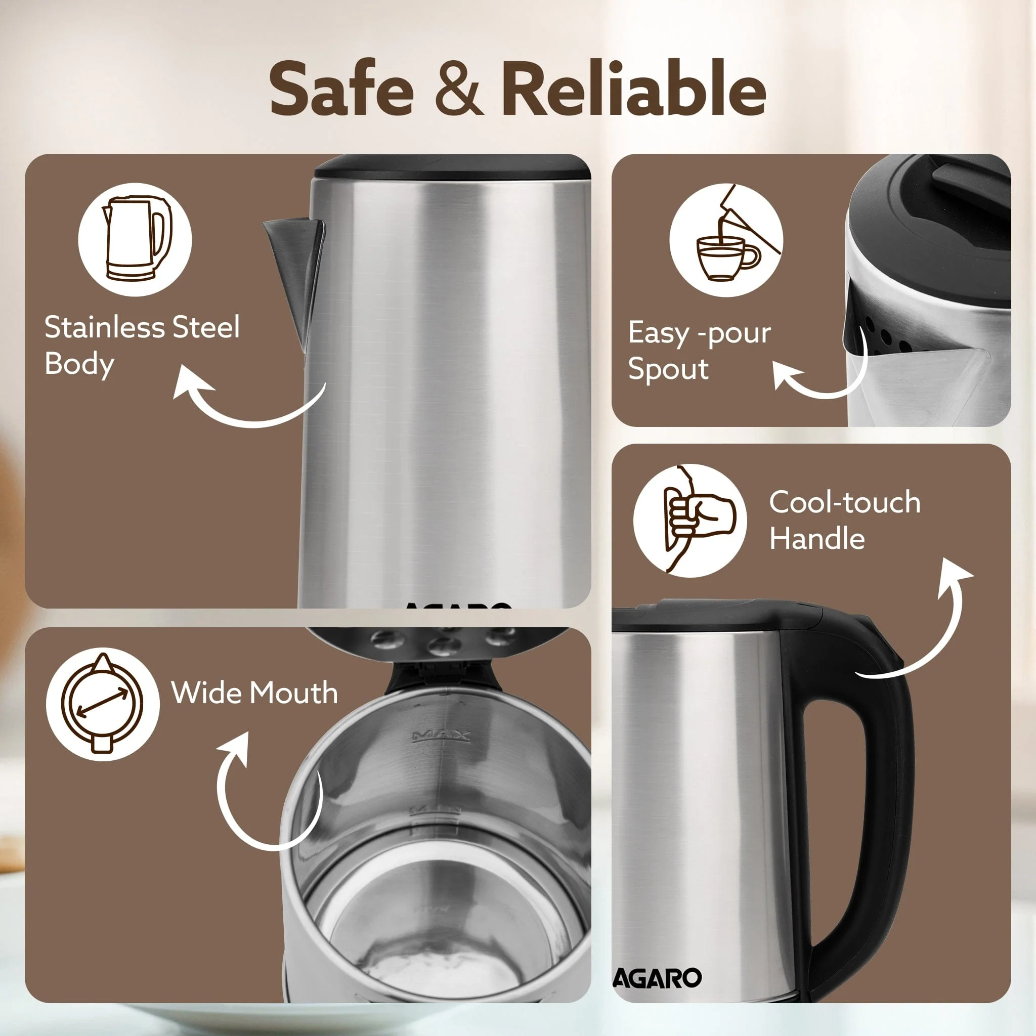AGARO Sonnet Electric Kettle, 1.5L, 1500W, Stainless Steel Body - Image 3