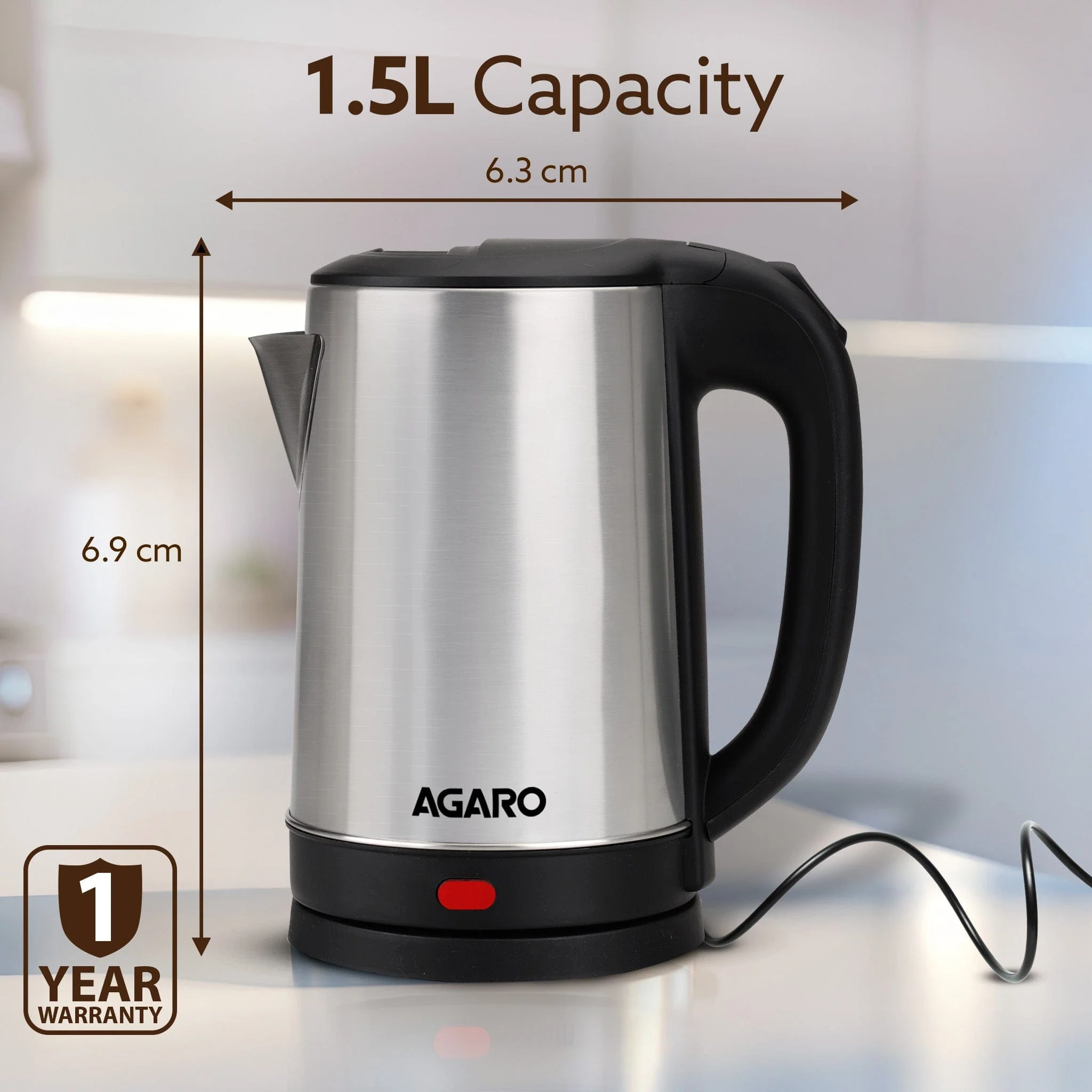 AGARO Sonnet Electric Kettle, 1.5L, 1500W, Stainless Steel Body - Image 6