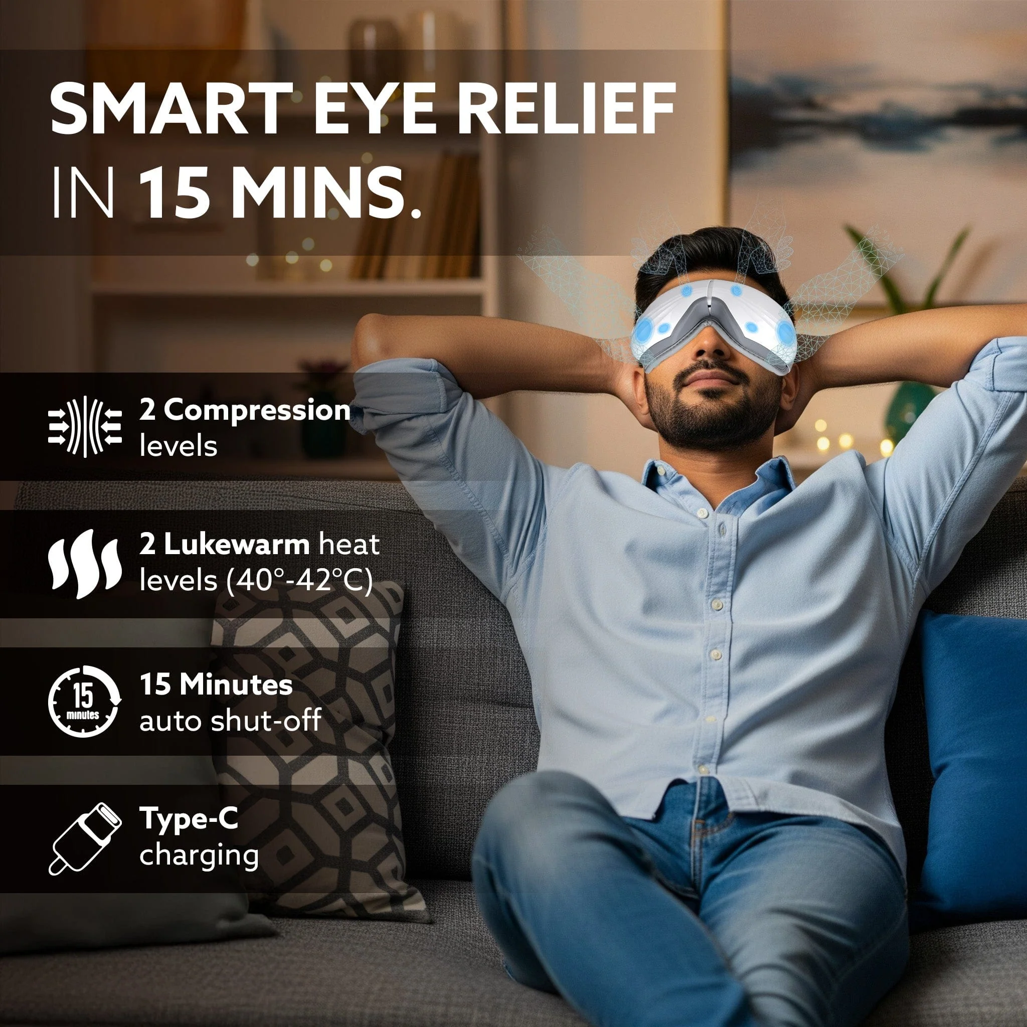 Supreme Eye Massager with Lukewarm Heat, Relax, Reduce Eye Strain, Relief from Stress, Headache & Migraine Pain, Air Compression Massage, 180° Foldable, 5 Modes, Bluetooth Music, Improves Sleep - Image 4