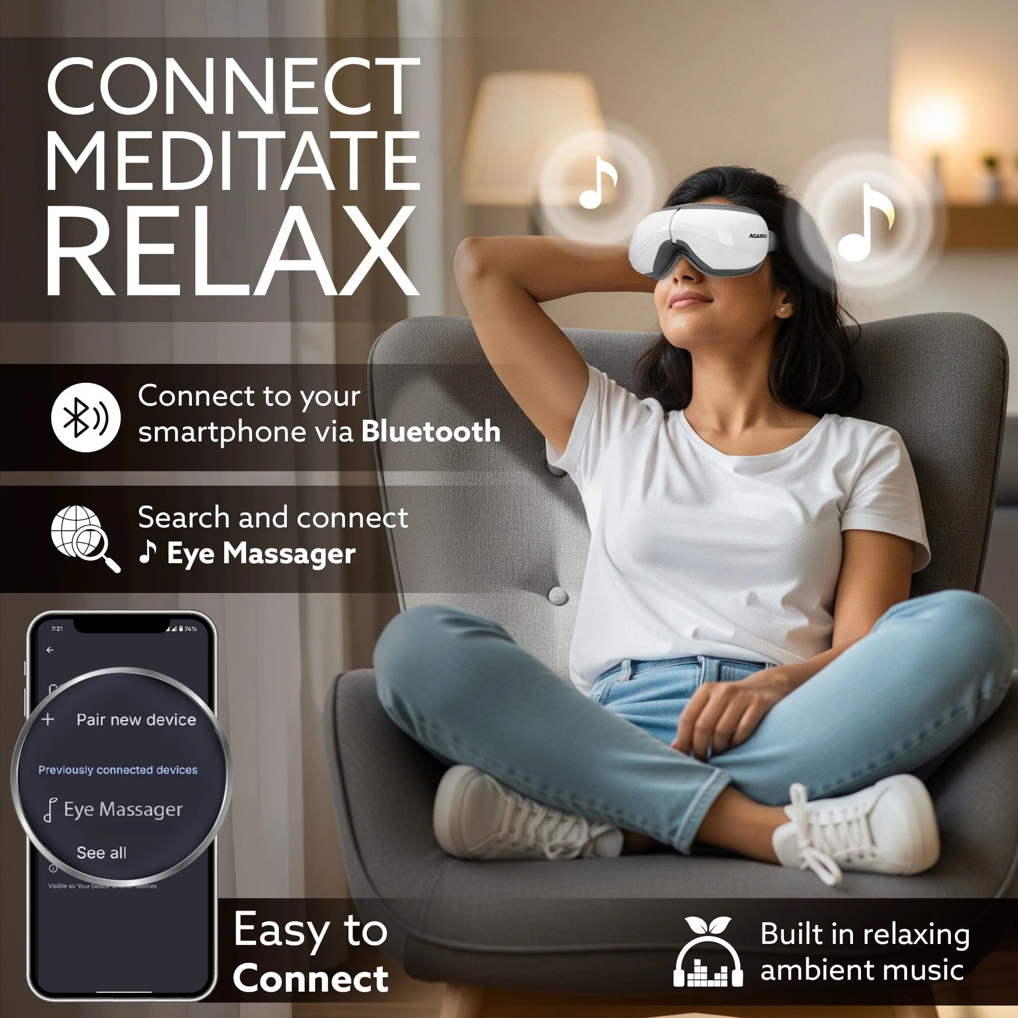 Supreme Eye Massager with Lukewarm Heat, Relax, Reduce Eye Strain, Relief from Stress, Headache & Migraine Pain, Air Compression Massage, 180° Foldable, 5 Modes, Bluetooth Music, Improves Sleep - Image 6