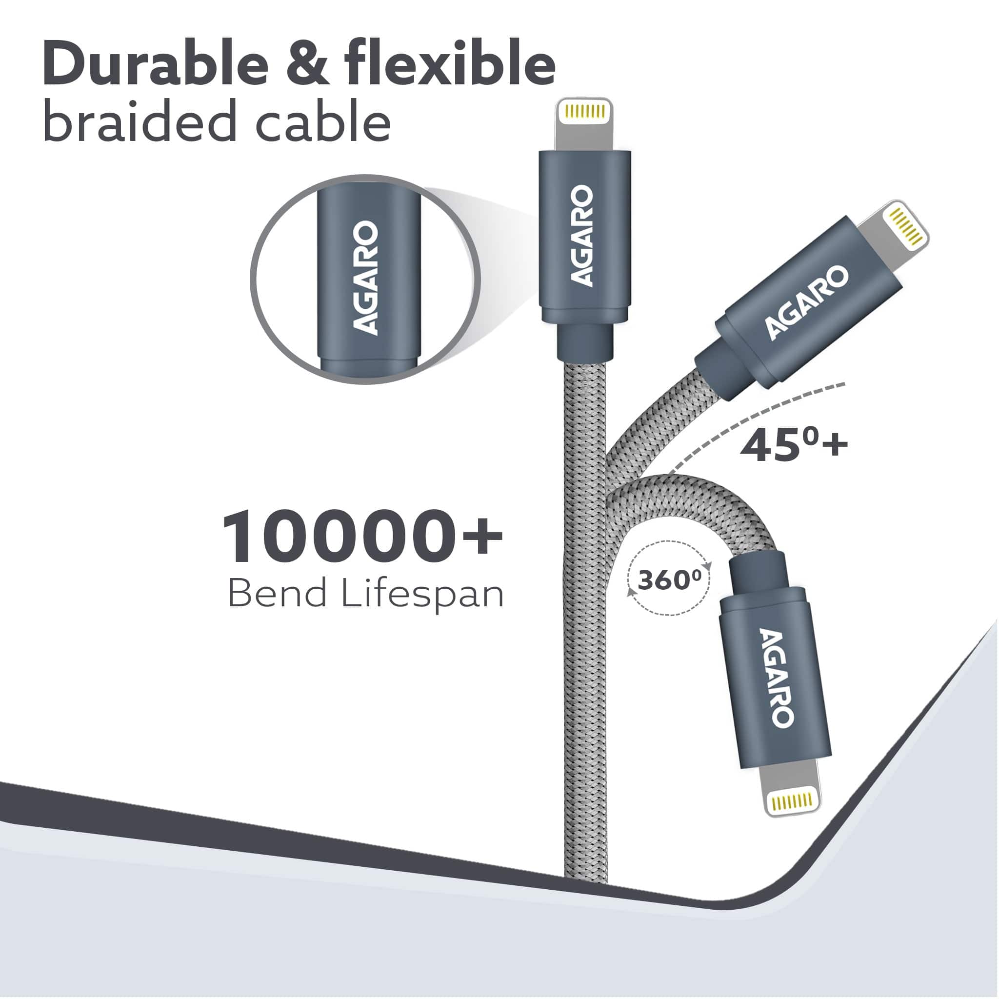 USB A to Lightning Braided Sync & Charge Cable For iPhone, iPad and iPod, Fast Charging Lightning Cable, 3.2 Feet (1M), Grey - Image 4