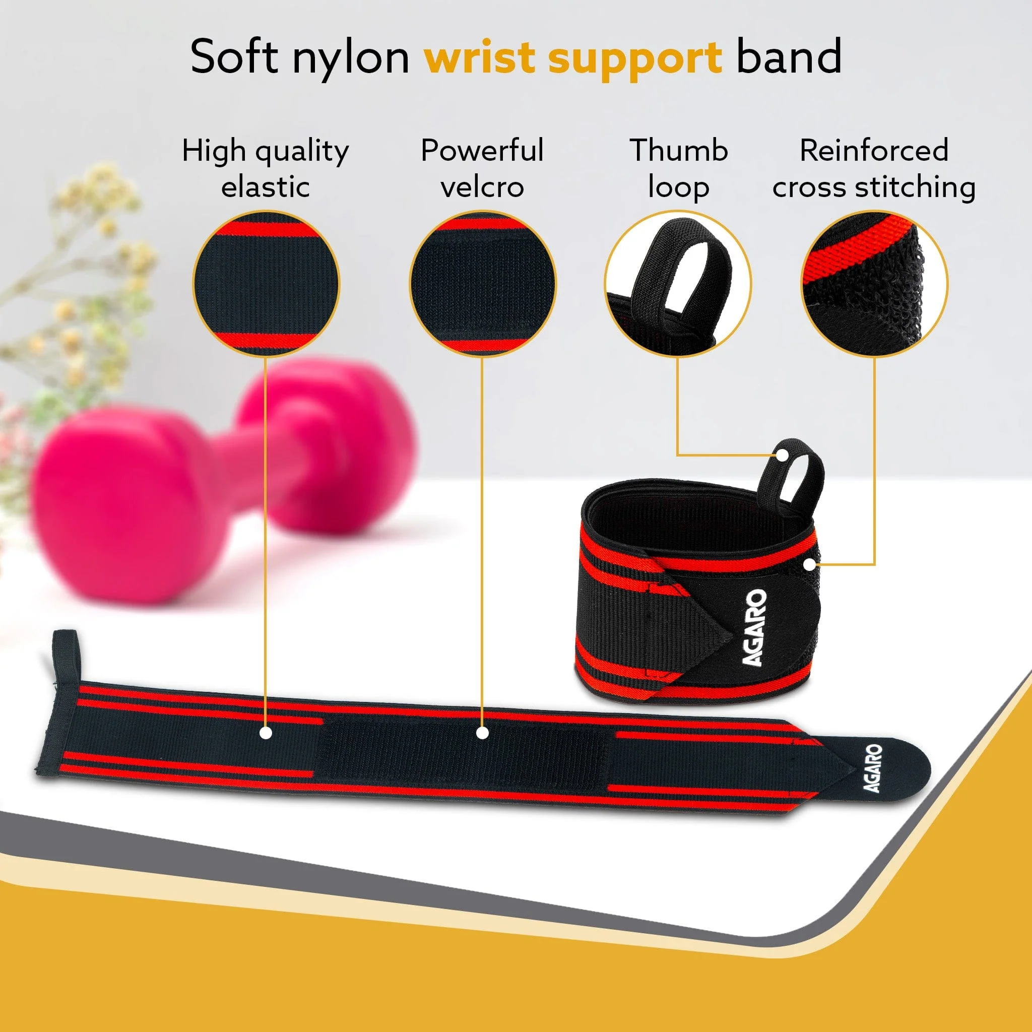 Wrist Support with Thumb Loop Straps, for Gym, Fitness & Weightlifting, Made of Velcro & Elastic Band, for Men & Women, Set of 2, Universal Size ( Black & Red ) - Image 3