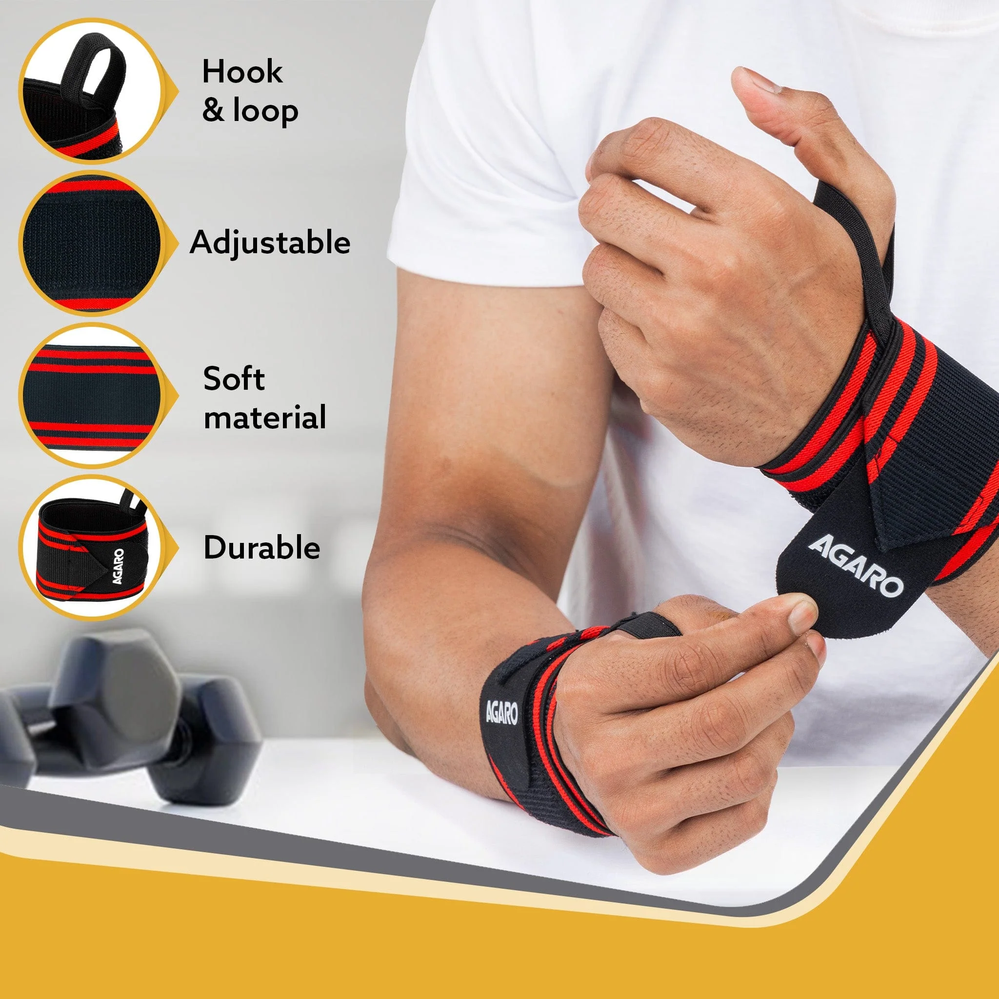 Wrist Support with Thumb Loop Straps, for Gym, Fitness & Weightlifting, Made of Velcro & Elastic Band, for Men & Women, Set of 2, Universal Size ( Black & Red ) - Image 4