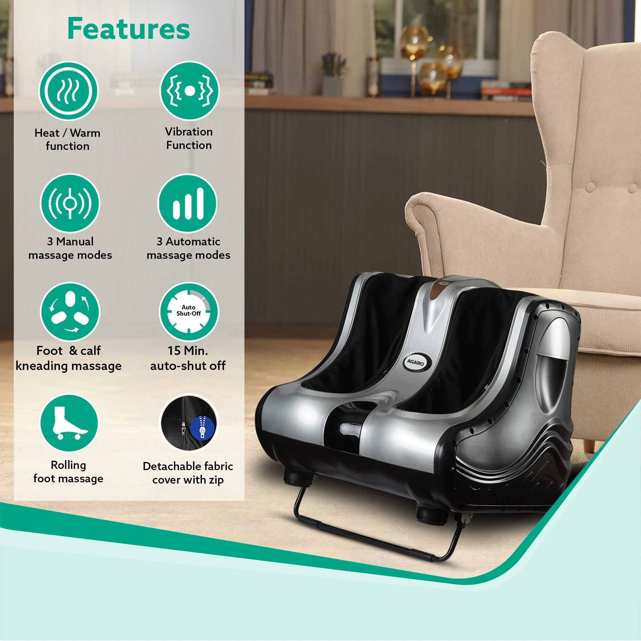 Amaze Foot, Calf & Leg Massager Machine , with Vibration & Heat, 3 Massage Levels, 4 motors for Home Usage (Silver - Black) - Image 3