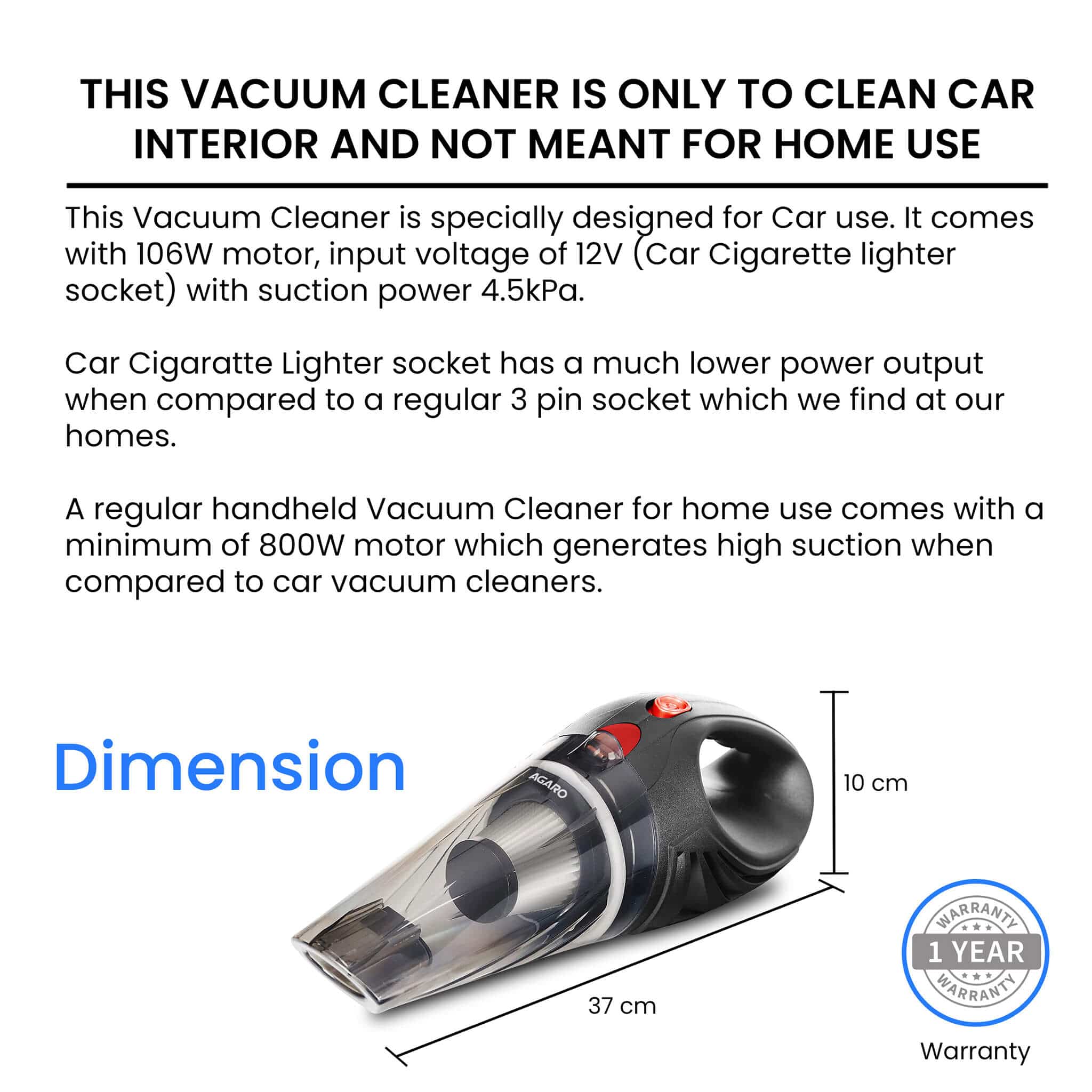 CV1077 Car Vacuum Cleaner, Portable, Handheld,12V DC /110W, 4.5KPA Power Socket, 14.7ft Long Cord, Stainless Steel Filter, Black - Image 6