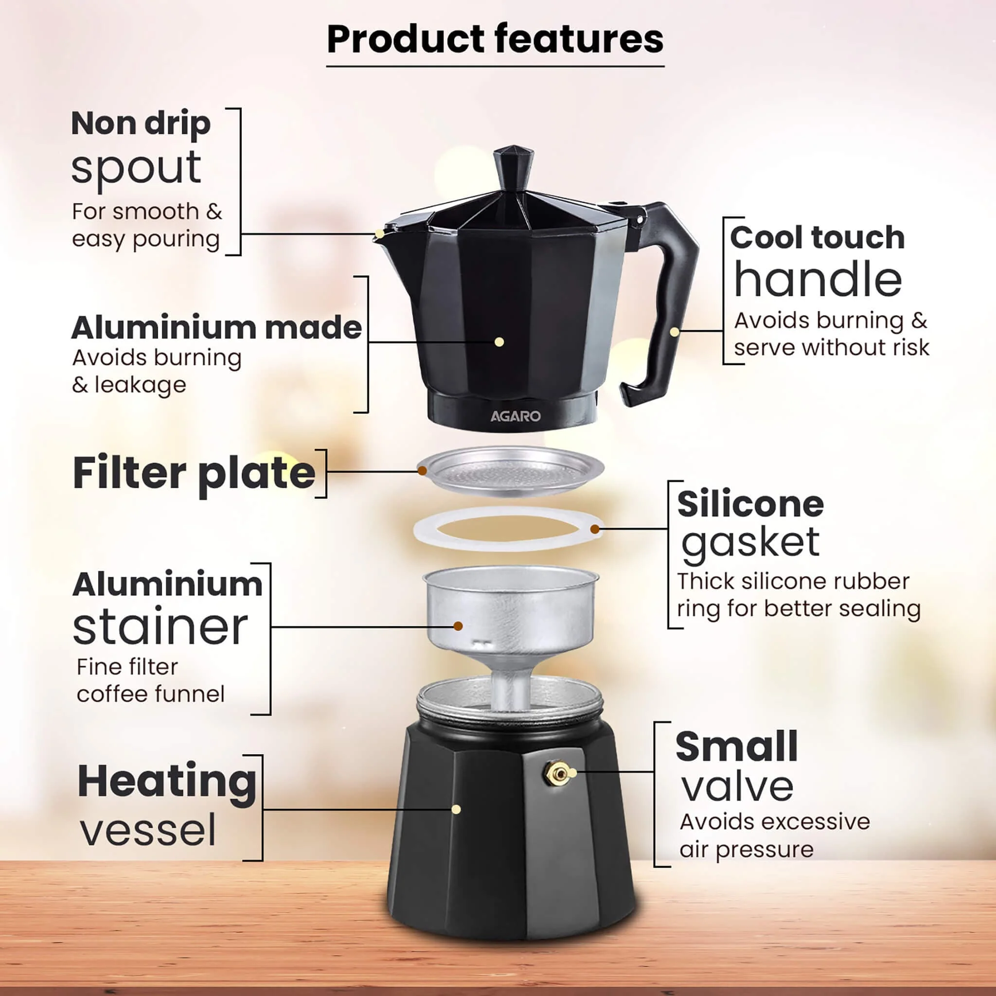Classic Moka Pot - 240 ML - Black - Image 3