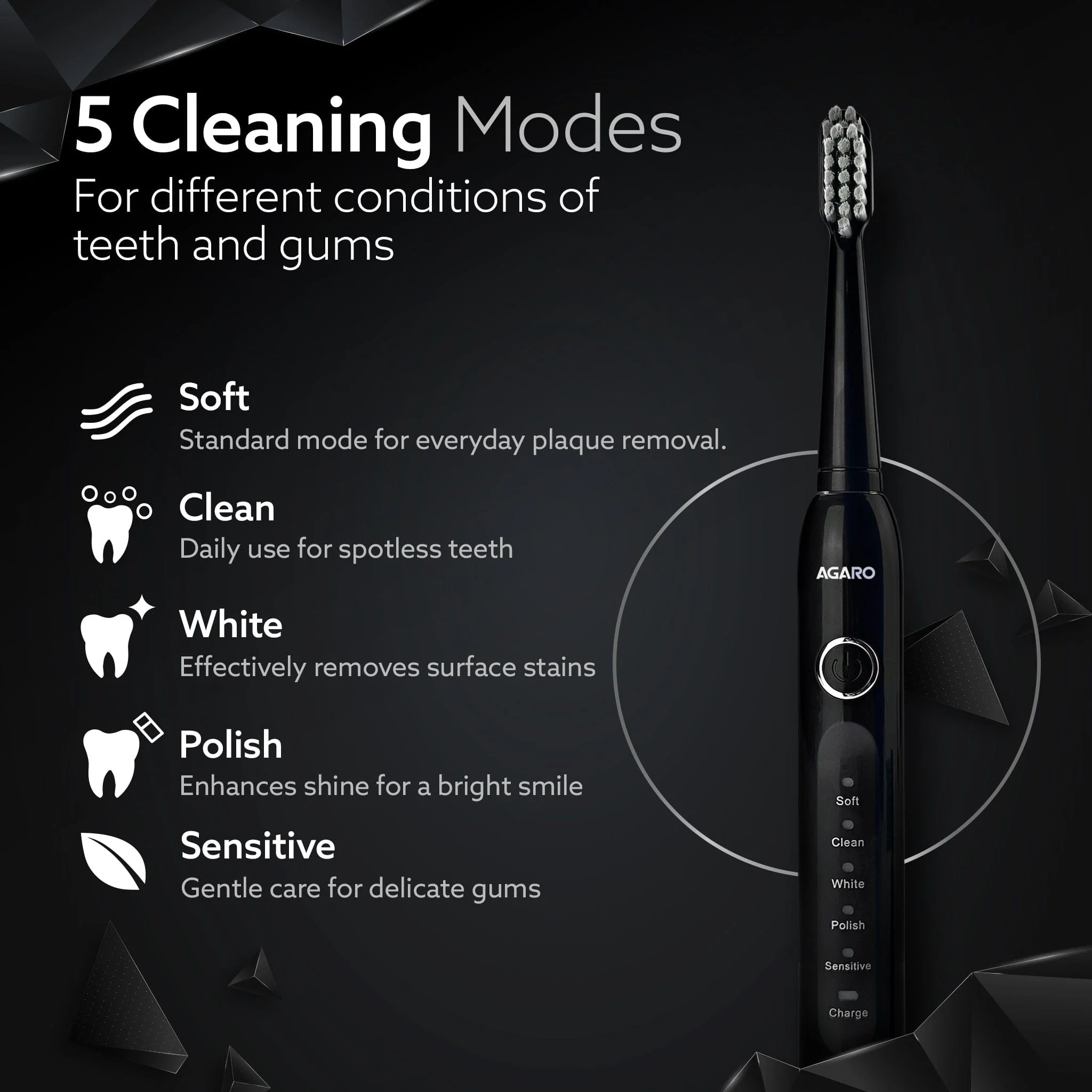 COSMIC ADVANCE Sonic Electric Tooth Brush For Adults With 5 Modes, 2 Brush Heads & Rechargeable With 4 Hours Charge Lasting Up To 25 Days, Power Toothbrush, (Black) - Image 3