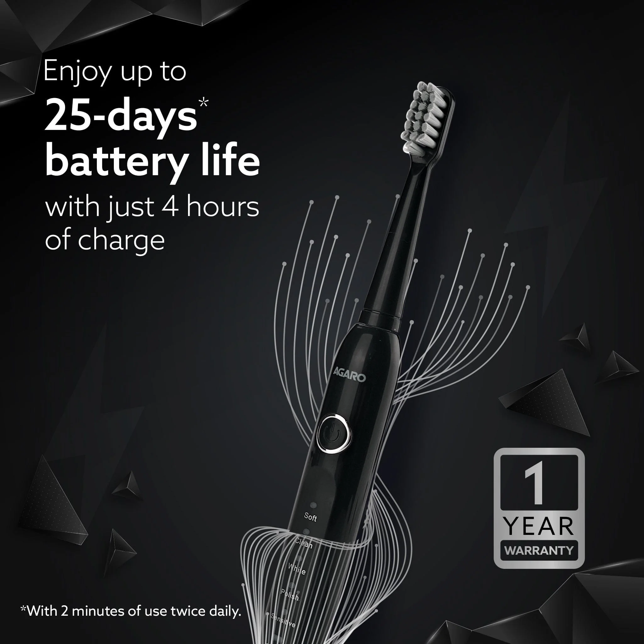 COSMIC ADVANCE Sonic Electric Tooth Brush For Adults With 5 Modes, 2 Brush Heads & Rechargeable With 4 Hours Charge Lasting Up To 25 Days, Power Toothbrush, (Black) - Image 4