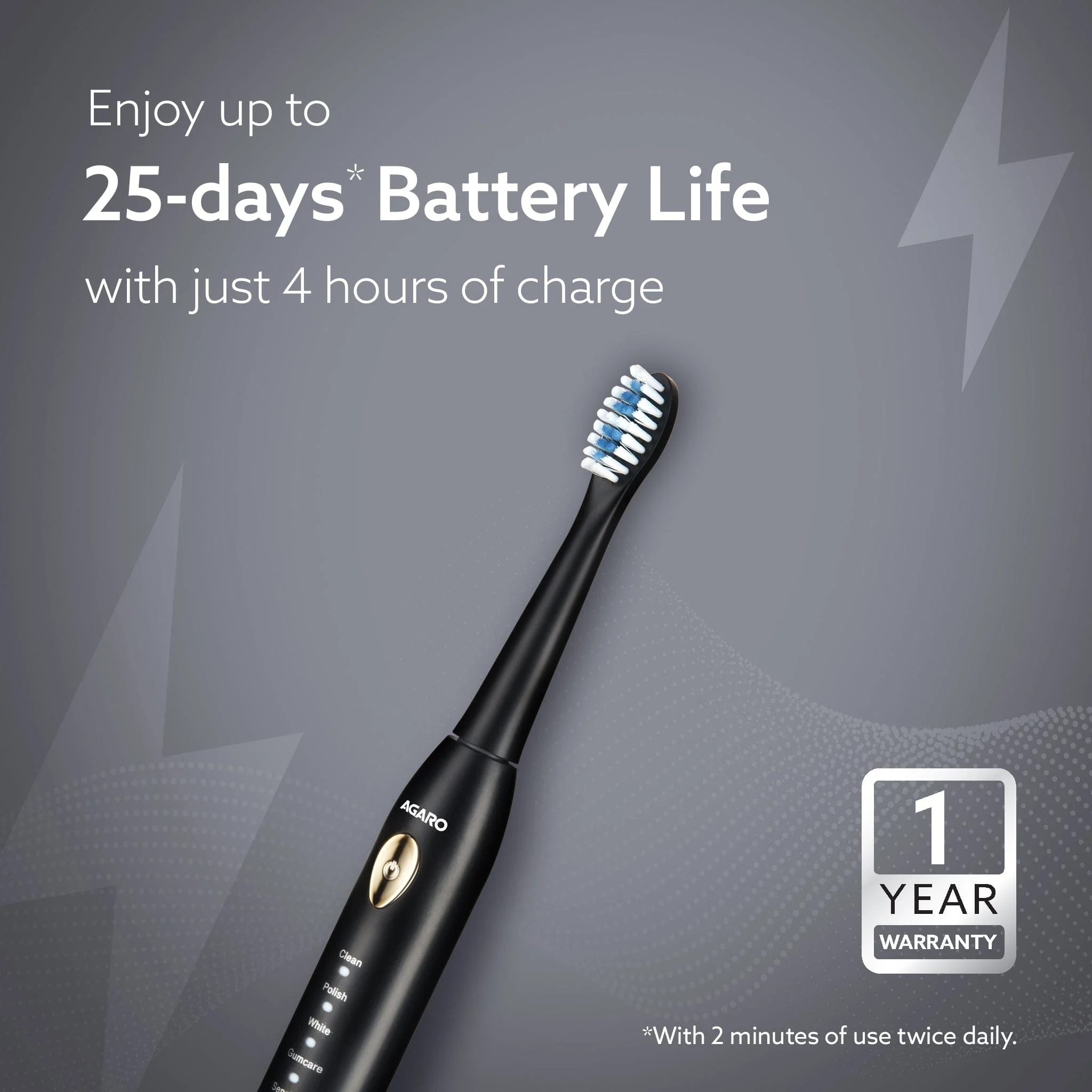 COSMIC LITE Sonic Electric Tooth Brush For Adults With 5 Modes, 2 Brush Heads & Rechargeable With 4 Hours Charge Lasting Up To 25 Days, Power Toothbrush, (Black) - Image 4