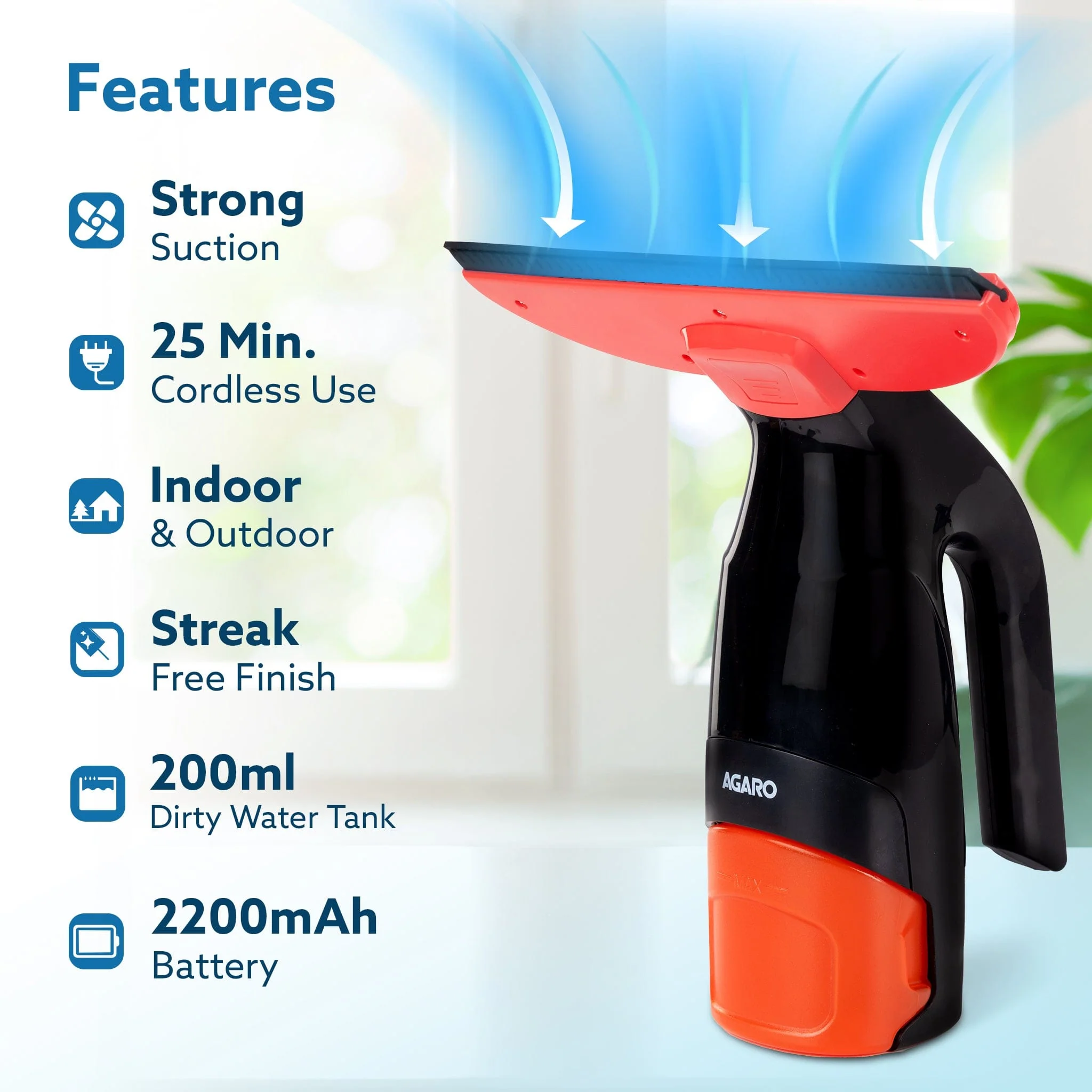 Delite Electric Glass Vacuum Cleaner, Spray & Vacuum, 28 Cm Suction Blade, Cordless, 360 ML Spray Bottle, Portable, Efficient for Cleaning Window Glass, Tiles, Glass Tables, Red & Black - Image 2