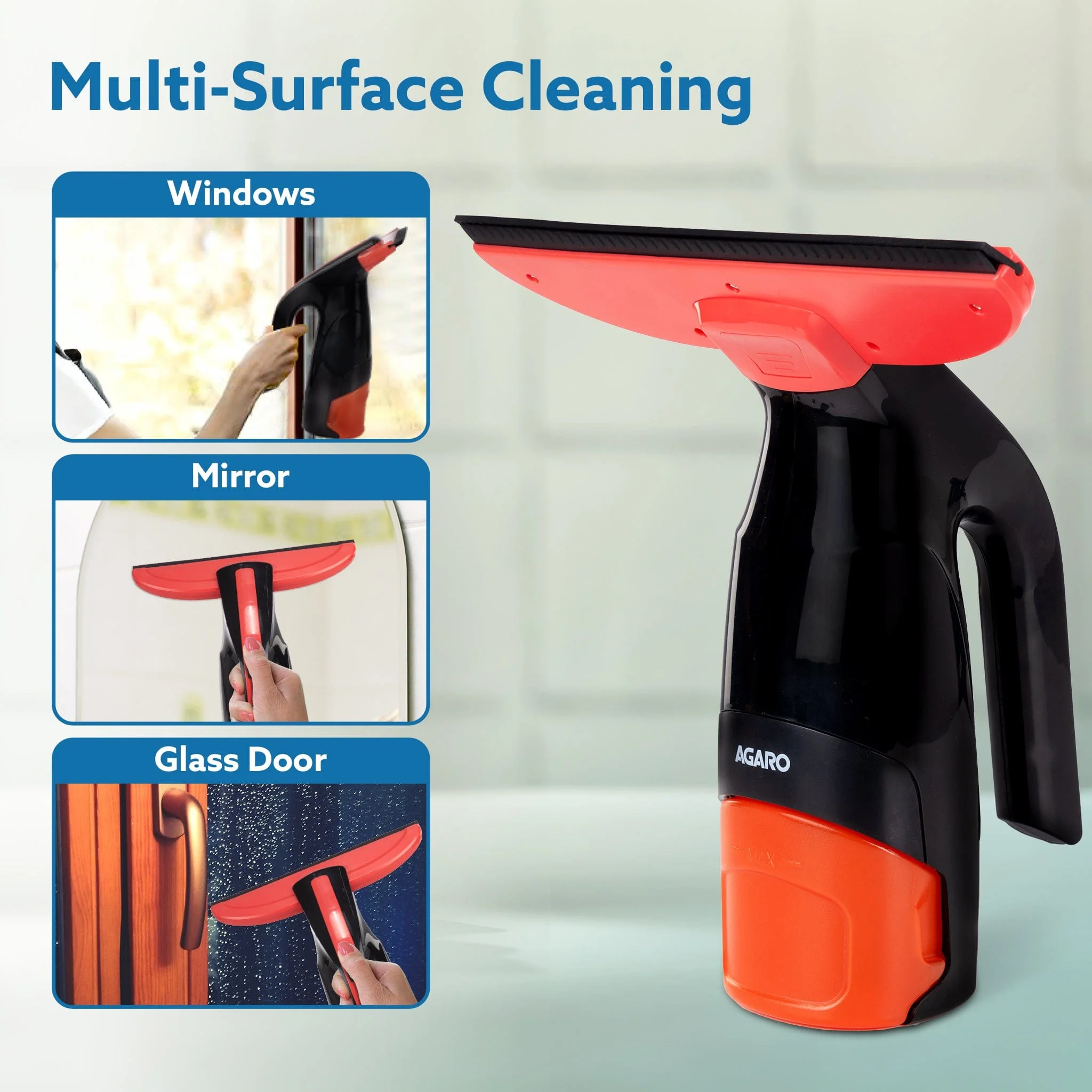 Delite Electric Glass Vacuum Cleaner, Spray & Vacuum, 28 Cm Suction Blade, Cordless, 360 ML Spray Bottle, Portable, Efficient for Cleaning Window Glass, Tiles, Glass Tables, Red & Black - Image 3