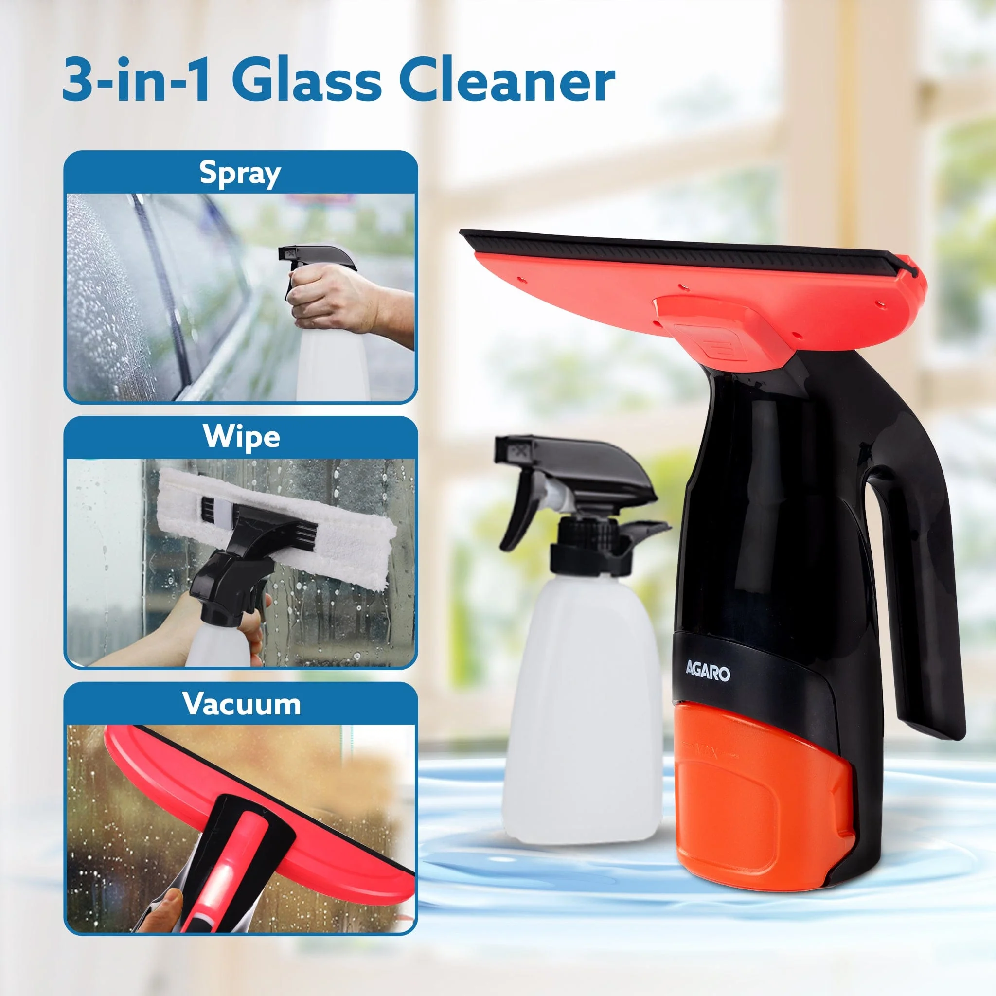 Delite Electric Glass Vacuum Cleaner, Spray & Vacuum, 28 Cm Suction Blade, Cordless, 360 ML Spray Bottle, Portable, Efficient for Cleaning Window Glass, Tiles, Glass Tables, Red & Black - Image 4