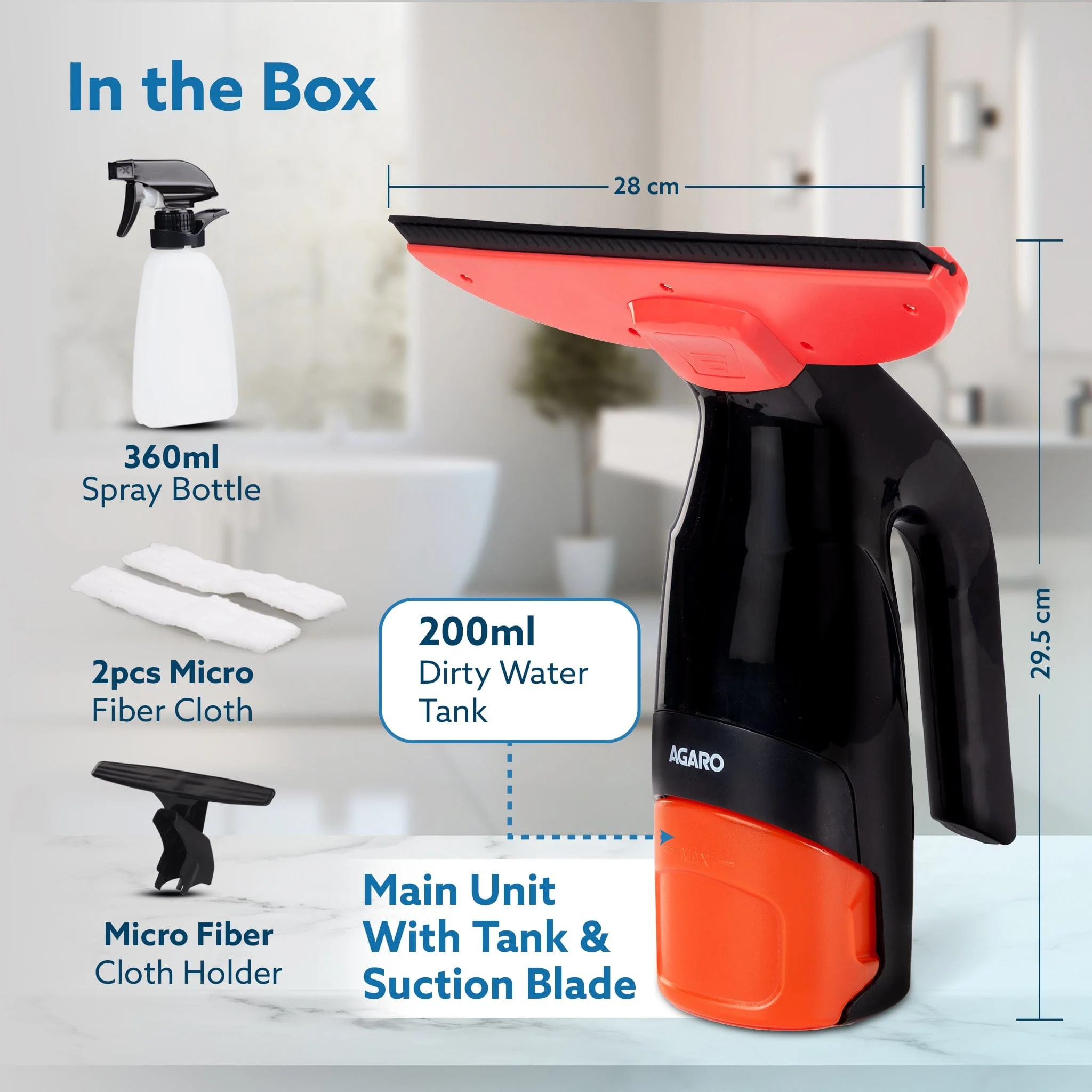 Delite Electric Glass Vacuum Cleaner, Spray & Vacuum, 28 Cm Suction Blade, Cordless, 360 ML Spray Bottle, Portable, Efficient for Cleaning Window Glass, Tiles, Glass Tables, Red & Black - Image 6