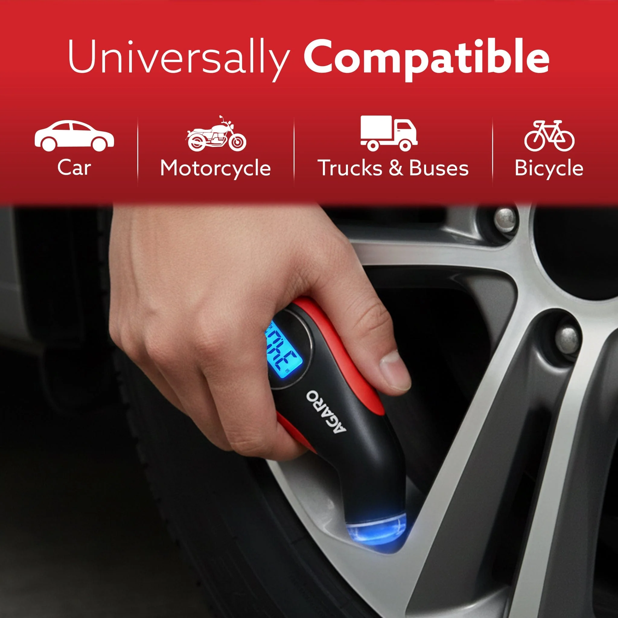 Digital Tyre Pressure Gauge, 0–150 PSI, 4 Units, Backlit LCD, Non-Slip Grip & LED Nozzle, Portable Tyre Pressure Checker for Car, Bike, Motorcycle & Truck Tyres, Red & Black - Image 3