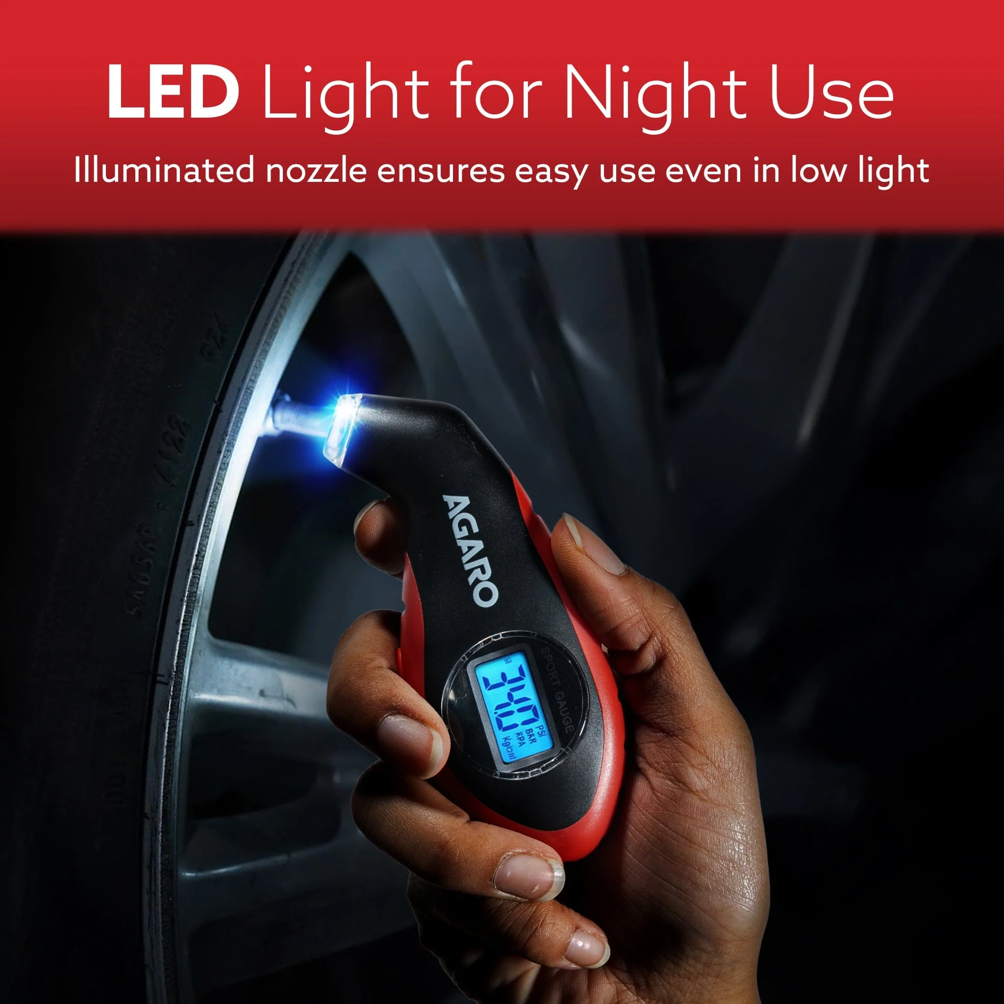 Digital Tyre Pressure Gauge, 0–150 PSI, 4 Units, Backlit LCD, Non-Slip Grip & LED Nozzle, Portable Tyre Pressure Checker for Car, Bike, Motorcycle & Truck Tyres, Red & Black - Image 4