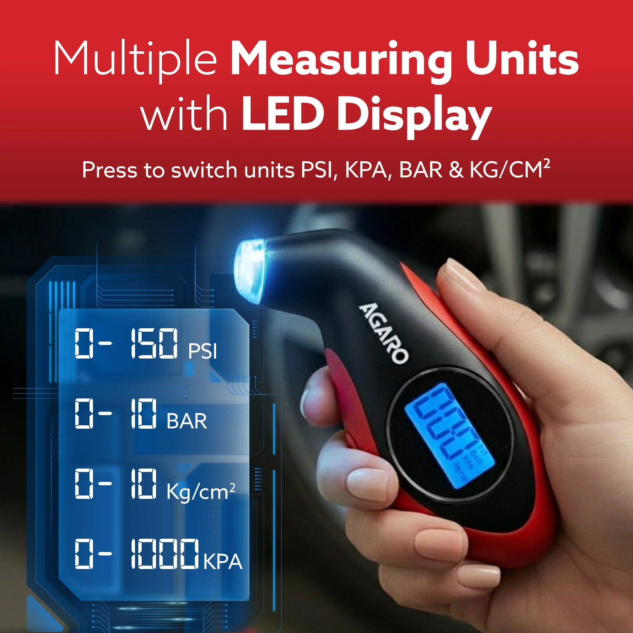 Digital Tyre Pressure Gauge, 0–150 PSI, 4 Units, Backlit LCD, Non-Slip Grip & LED Nozzle, Portable Tyre Pressure Checker for Car, Bike, Motorcycle & Truck Tyres, Red & Black - Image 5