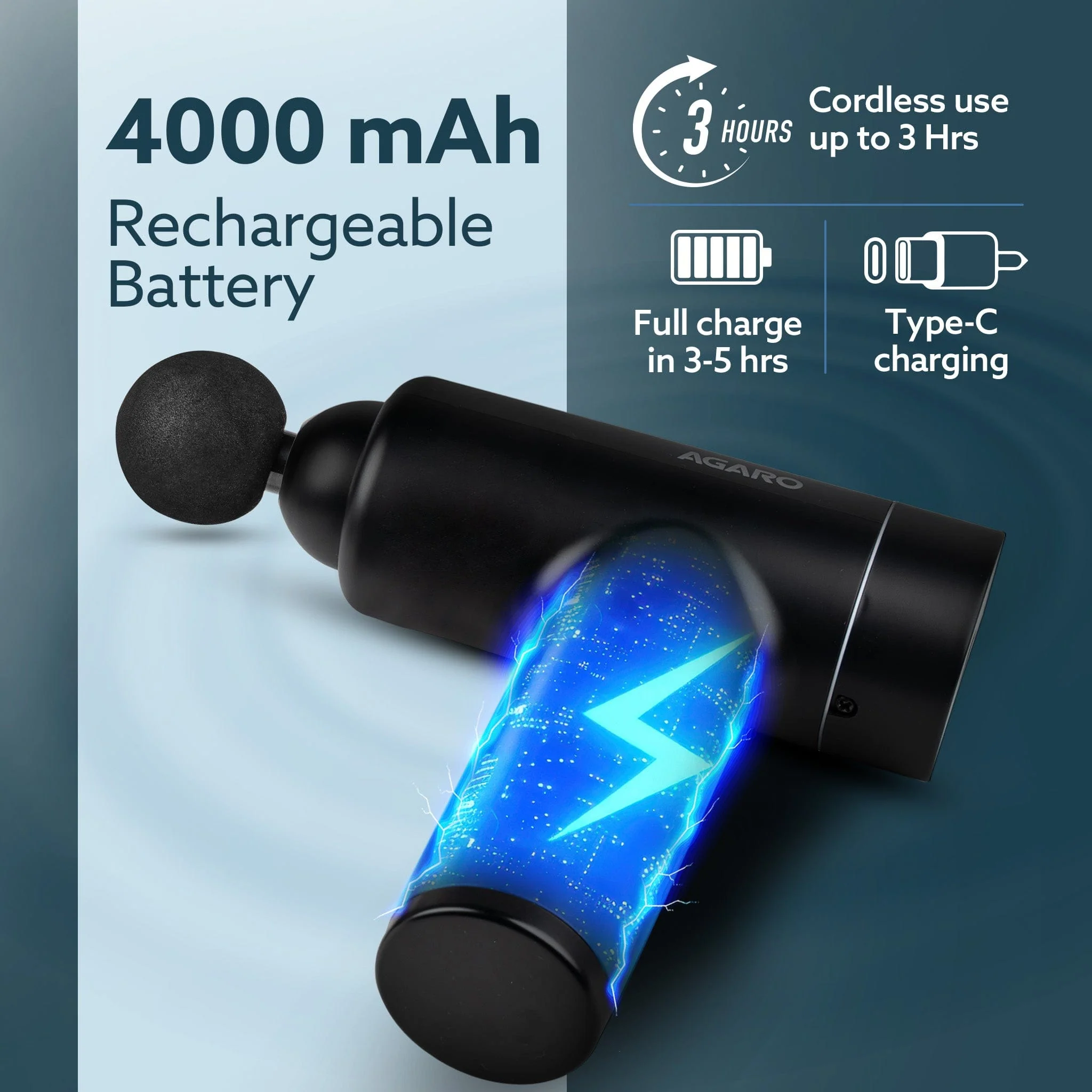 Regal Gun Massager, 4 Heads, 6 Speed, Rechargeable, Handheld, Percussion Muscle Massager for Full Body Pain Relief, Muscle Relaxation of Neck, Shoulder, Back, Foot for Men & Women, Black. - Image 5