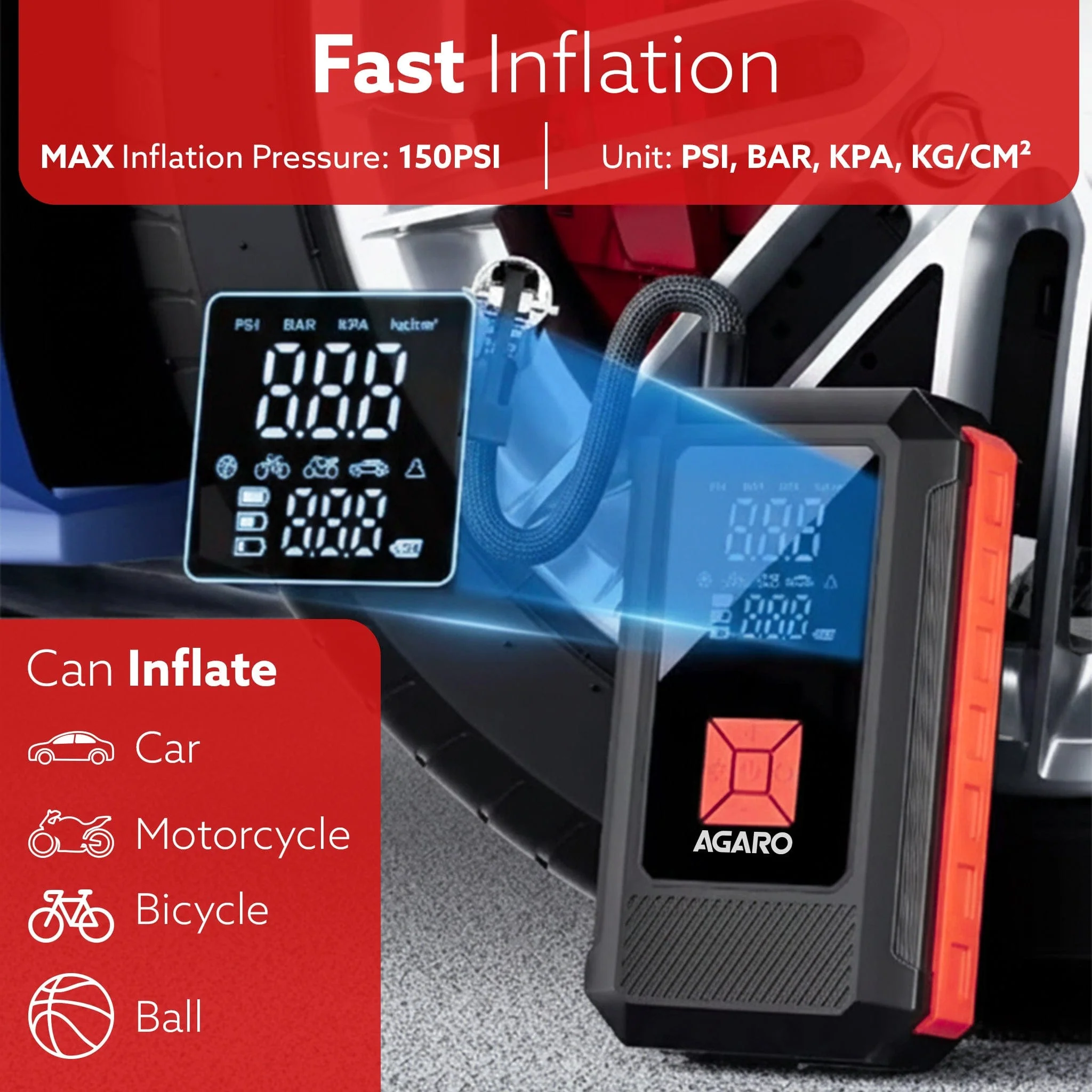 Regal Tyre inflator & Jump Starter, For Cars & Bikes, 12V, Upto 150 PSI, 10000 mAH Powerful Battery, LED Light, Digital Display, Multiple Nozzles - Image 4