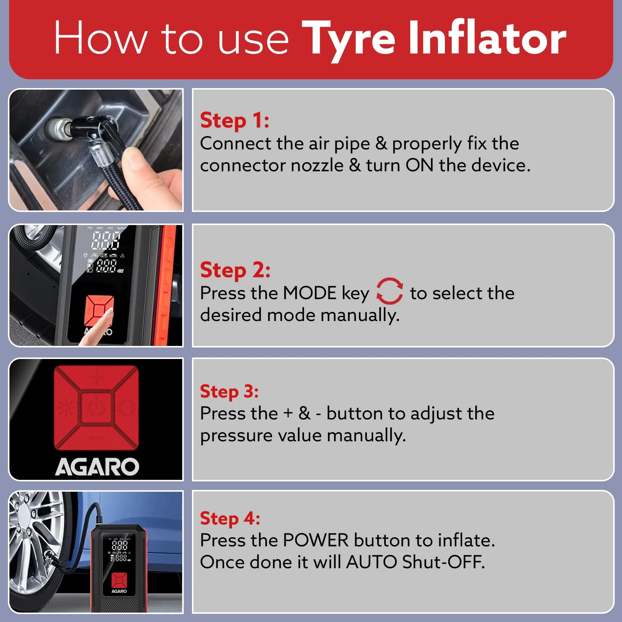 Regal Tyre inflator & Jump Starter, For Cars & Bikes, 12V, Upto 150 PSI, 10000 mAH Powerful Battery, LED Light, Digital Display, Multiple Nozzles - Image 8