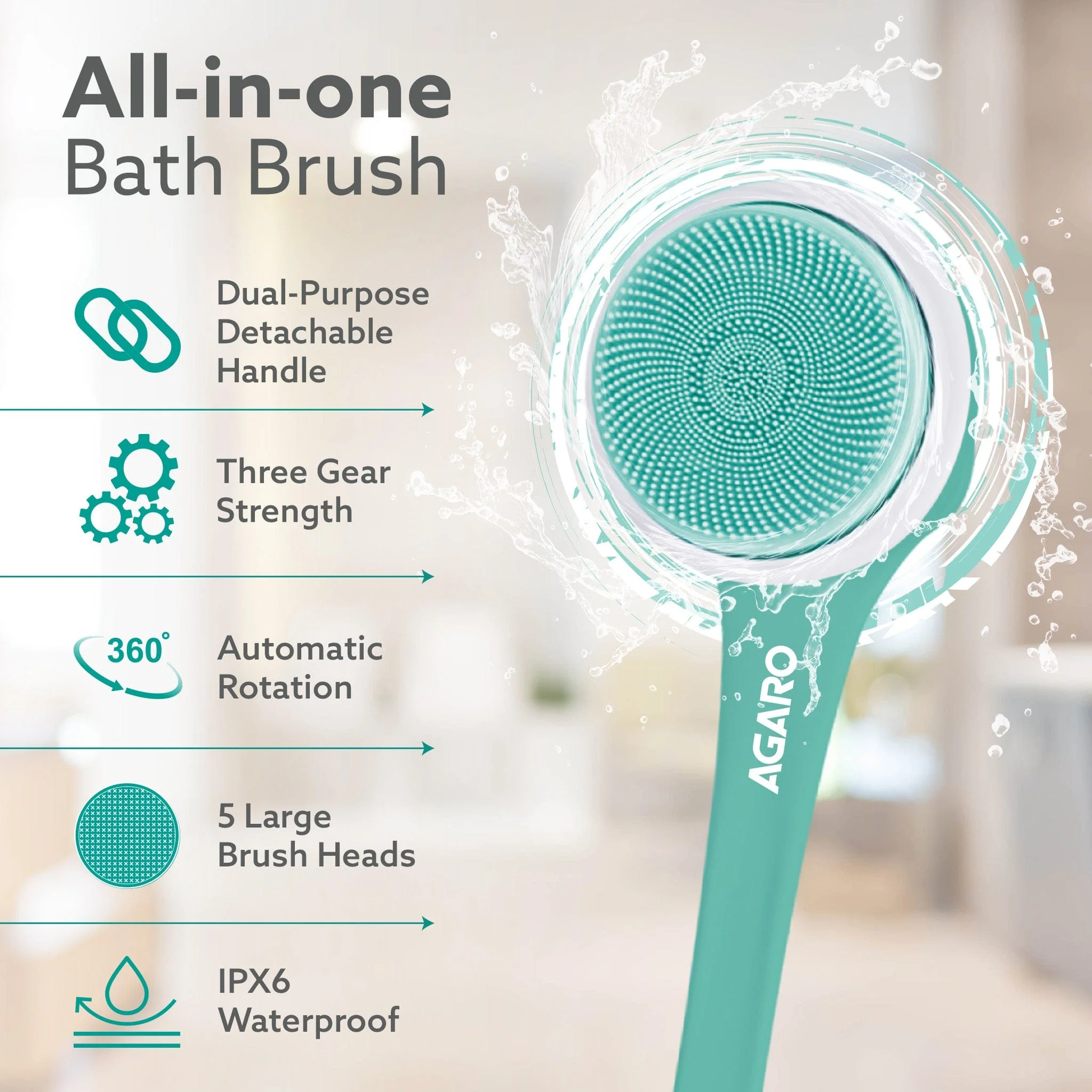Electric Bath Brush – USB Rechargeable, IPX6 Waterproof | 5 Brush Heads, 3 Cleaning Modes, 360° Rotatable Electric Shower Brush with 14.5” Long Handle - Image 2