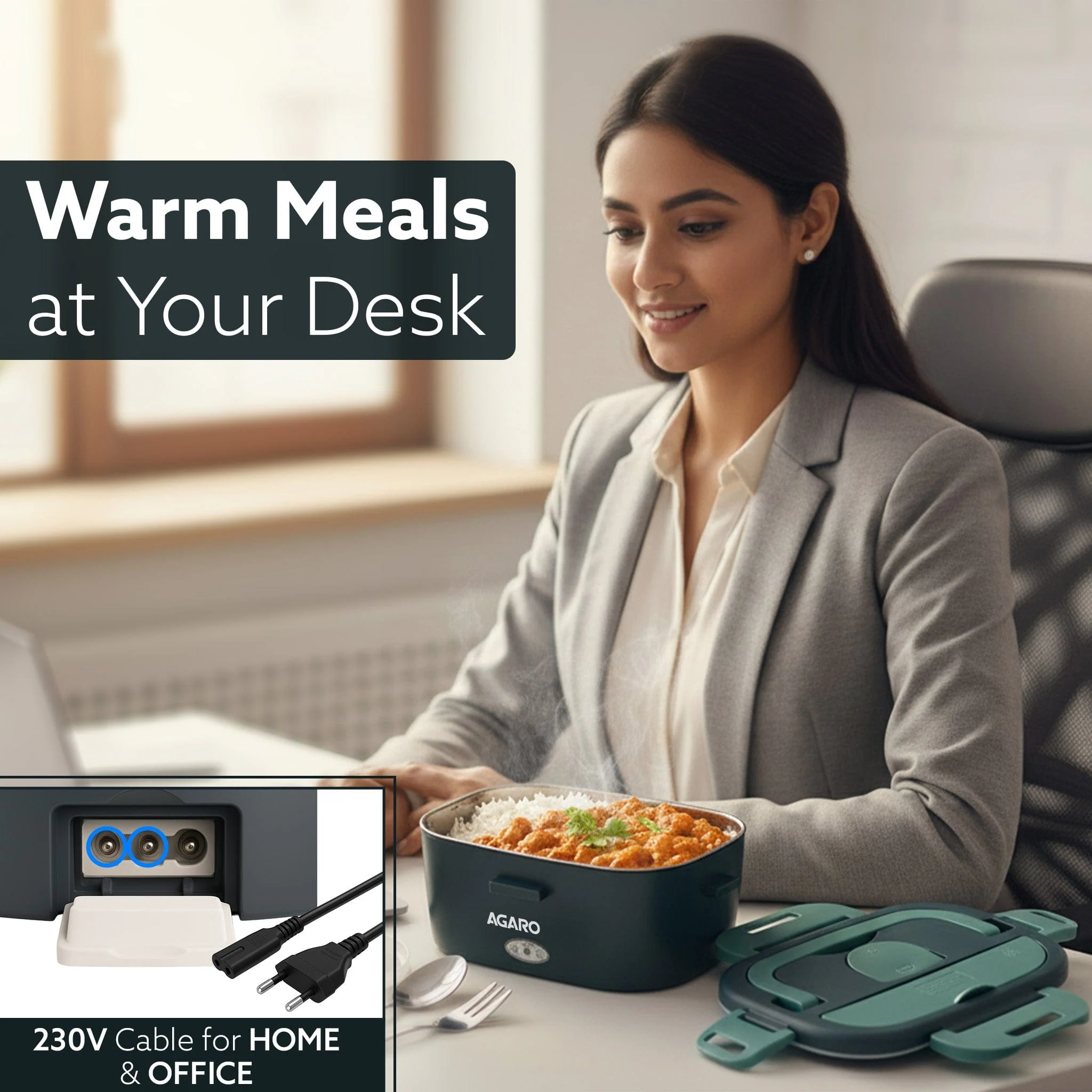 Electric Lunch Box, 1.5L Food Heater for Daily Office Use & Travel, Portable Food Warmer, Stainless Steel Container, Reheat in 30 Min, Leak-Proof, Detachable Cord, 2 Compartment, PTC Heating - Image 2