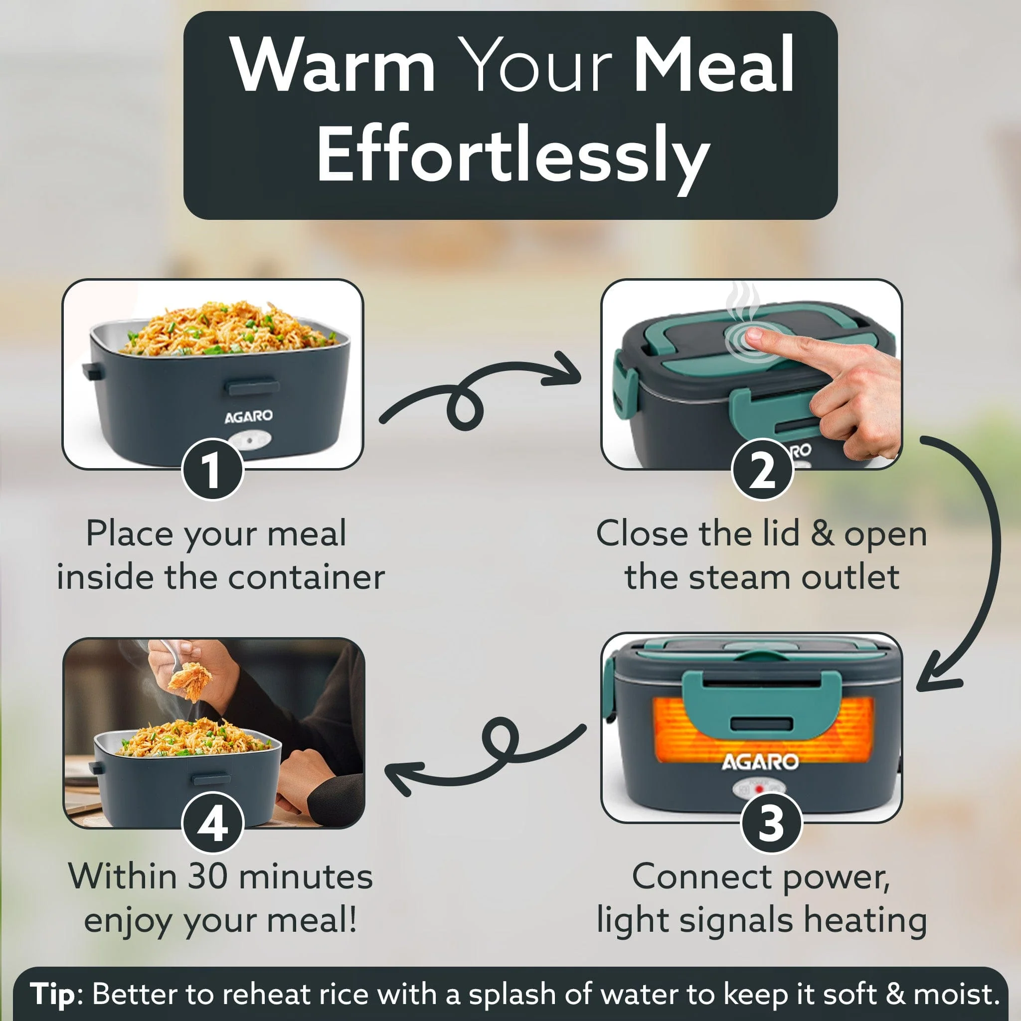 Electric Lunch Box, 1.5L Food Heater for Daily Office Use & Travel, Portable Food Warmer, Stainless Steel Container, Reheat in 30 Min, Leak-Proof, Detachable Cord, 2 Compartment, PTC Heating - Image 5