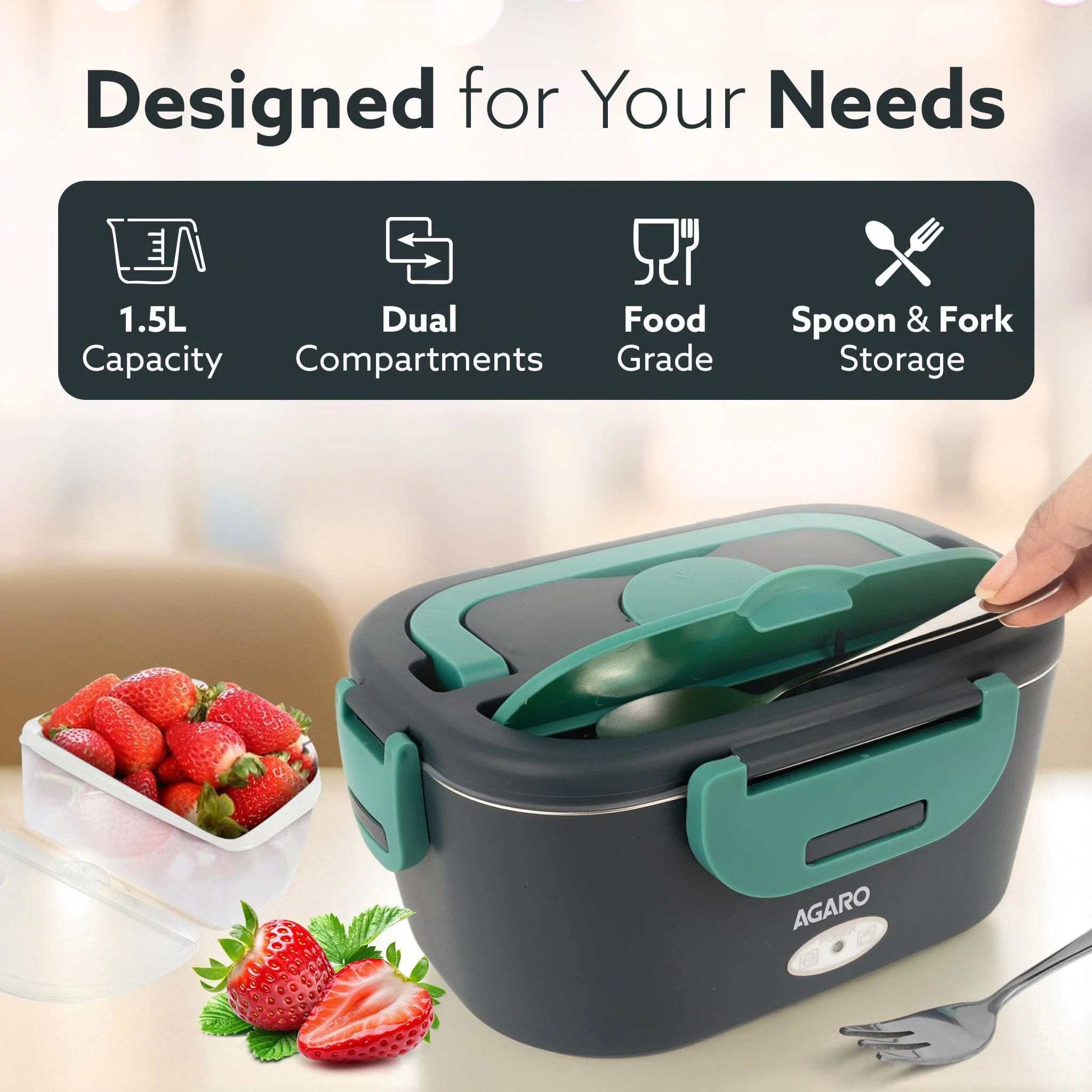 Electric Lunch Box, 1.5L Food Heater for Daily Office Use & Travel, Portable Food Warmer, Stainless Steel Container, Reheat in 30 Min, Leak-Proof, Detachable Cord, 2 Compartment, PTC Heating - Image 6