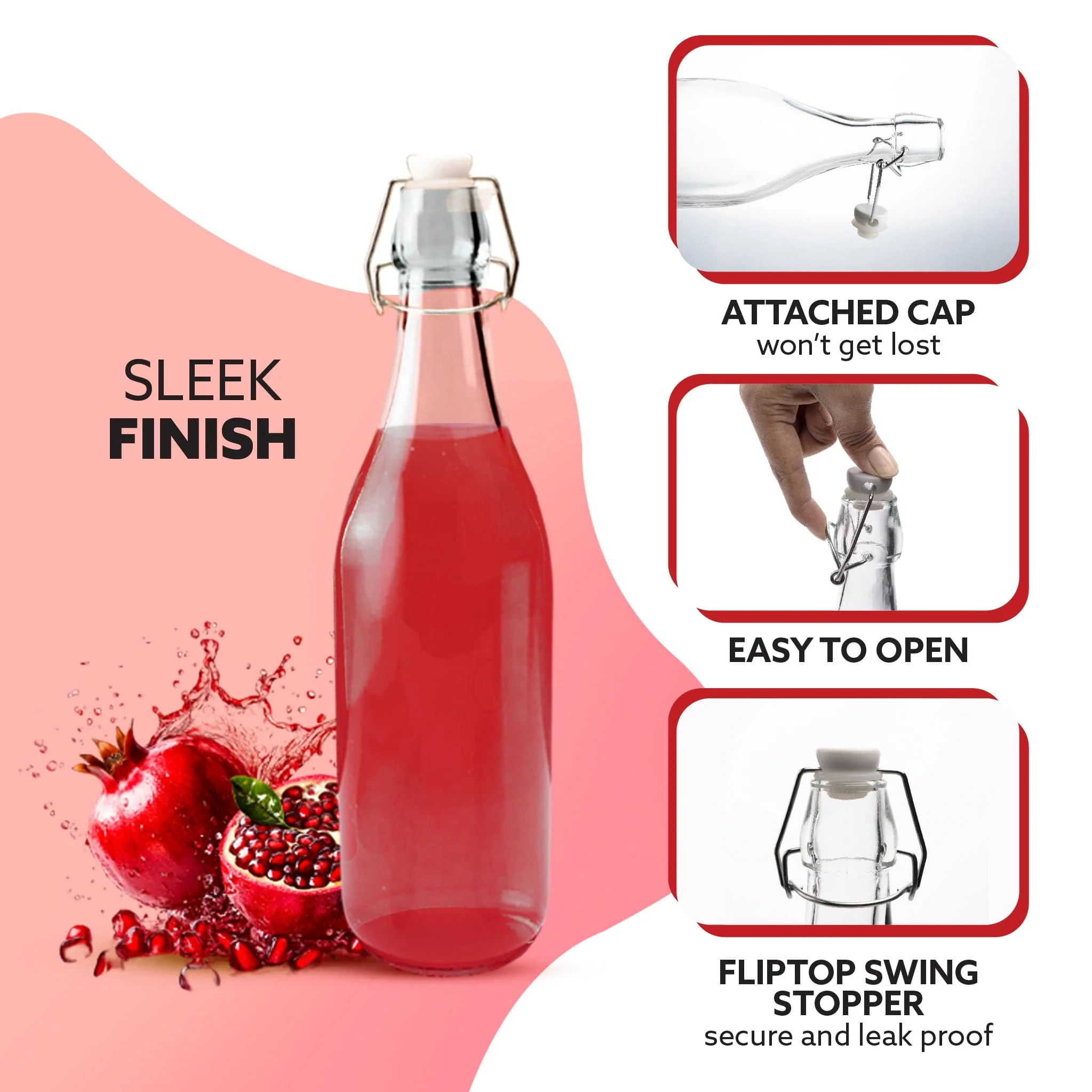 Elegant Flip Top Glass Bottle 1L Transparent, 1000ml, Freezer Safe & Leakproof Flip Cap, Clear & Stylish - Image 3