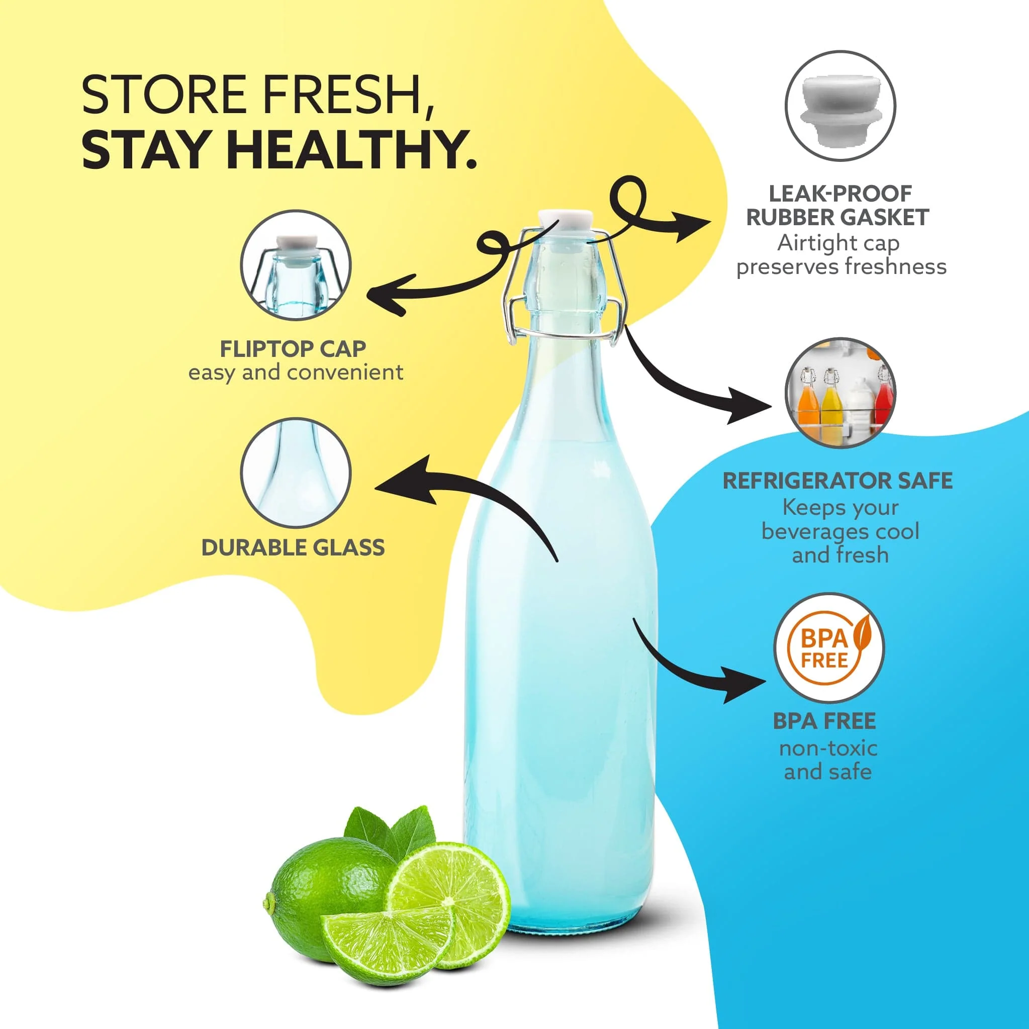 Elegant Flip Top Glass Bottle 1L Blue, 1000ml, Freezer Safe & Leakproof Flip Cap, Blue Colour & Stylish - Image 2