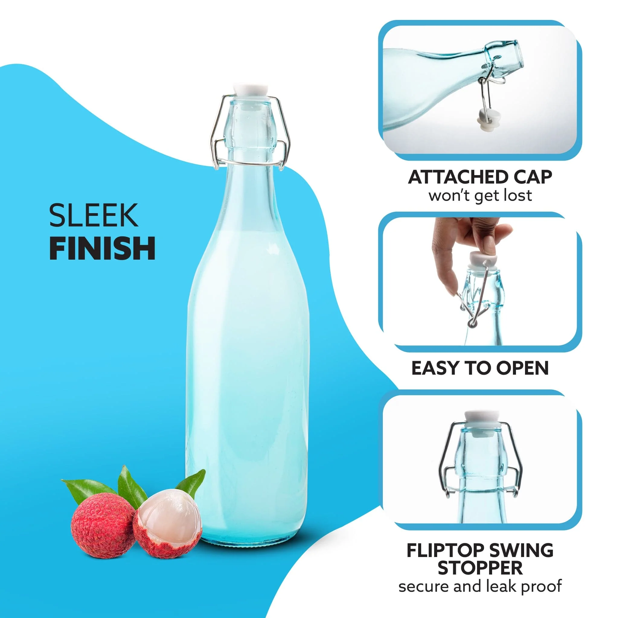 Elegant Flip Top Glass Bottle 1L Blue, 1000ml, Freezer Safe & Leakproof Flip Cap, Blue Colour & Stylish - Image 3