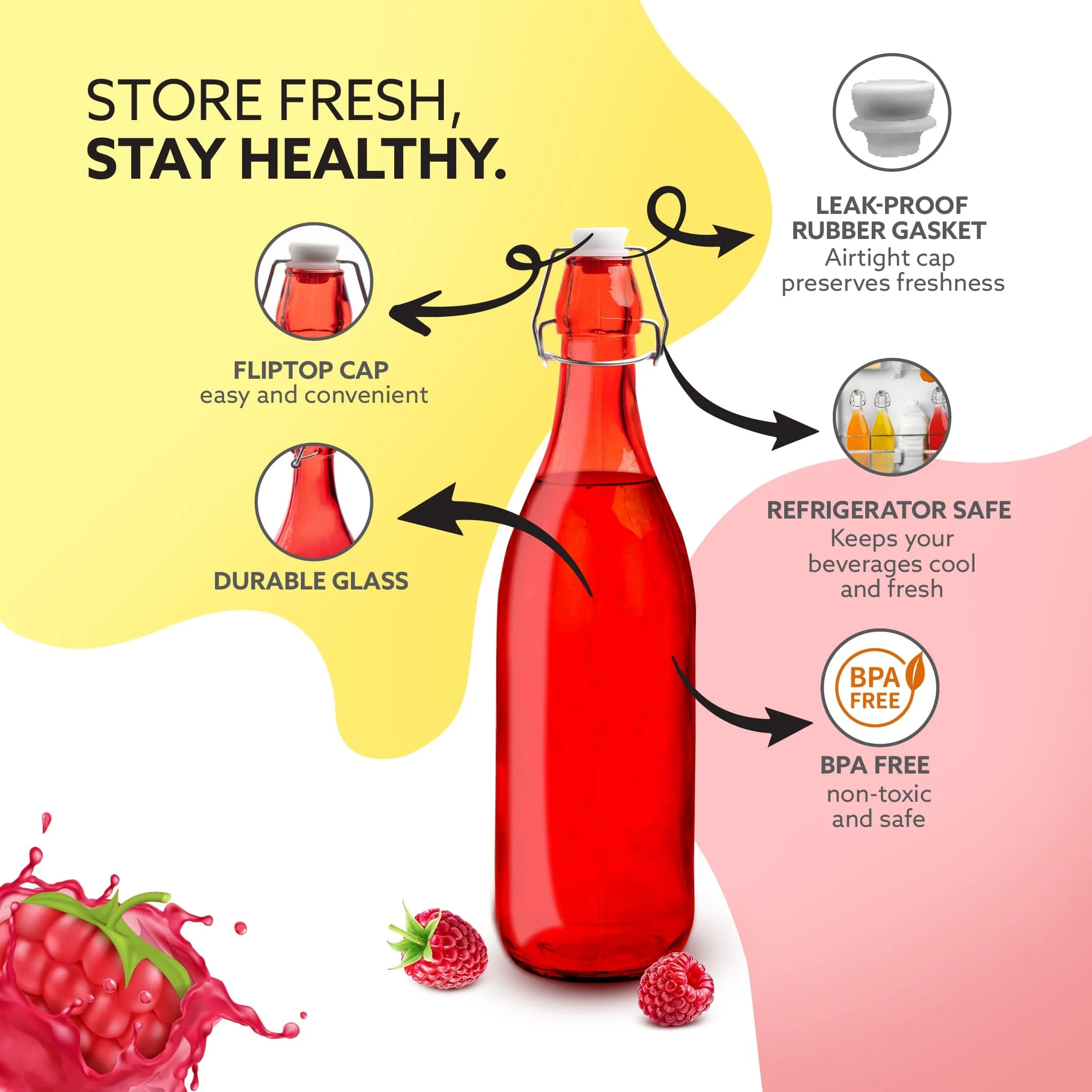 Elegant Flip Top Glass Bottle 1L Red, 1000ml, Freezer Safe & Leakproof Flip Cap, Red Colour & Stylish - Image 2