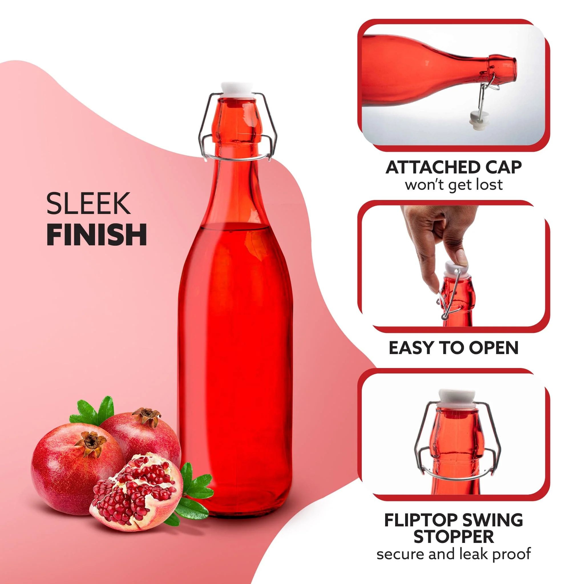 Elegant Flip Top Glass Bottle 1L Red, 1000ml, Freezer Safe & Leakproof Flip Cap, Red Colour & Stylish - Image 3
