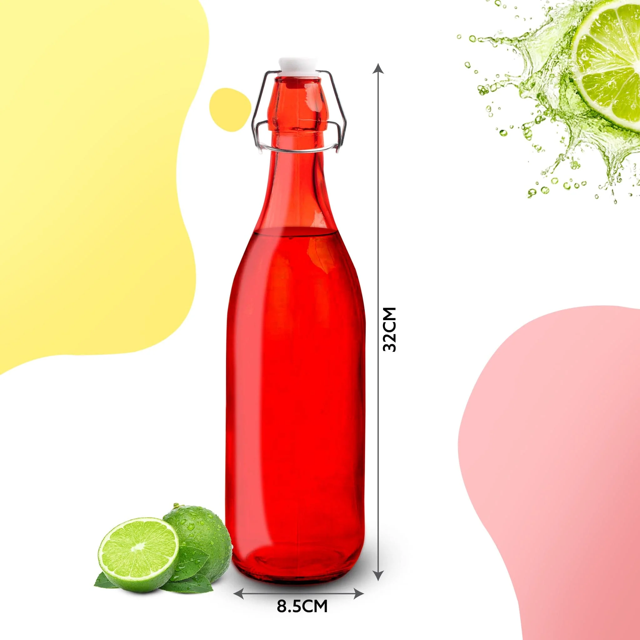 Elegant Flip Top Glass Bottle 1L Red, 1000ml, Freezer Safe & Leakproof Flip Cap, Red Colour & Stylish - Image 6