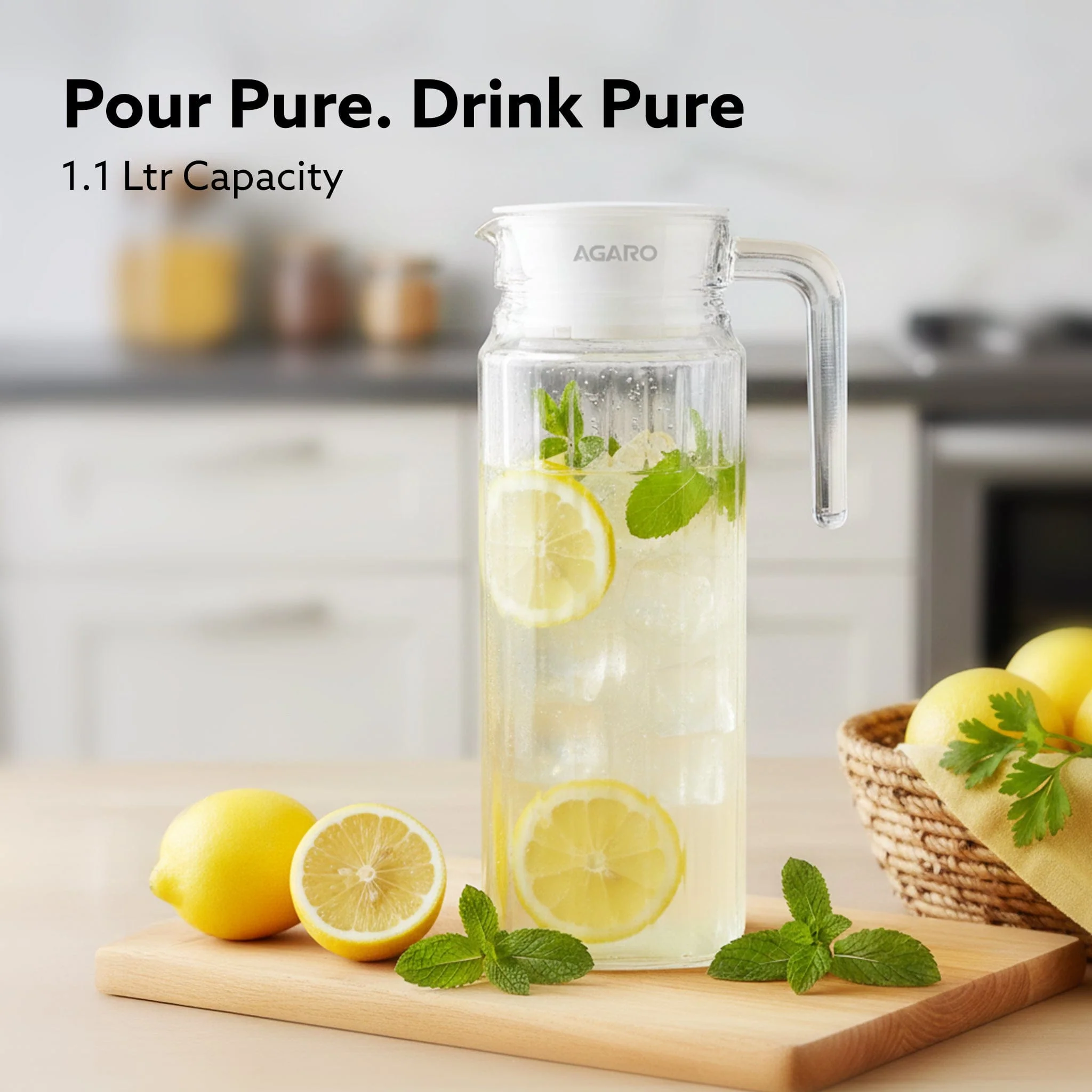Elegant Glass Jug with Lid, 1.1L, Multipurpose Jug, Easy Pour Spout & Strong Handle, Transparent Beverage Carafe for Home, Office, Pitcher for Serve Water, Milk, Juice, Beverage, Lassi, Cocktail - Image 3