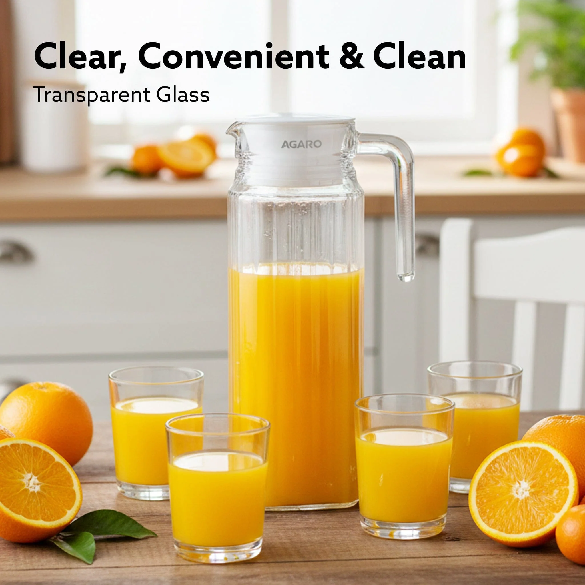 Elegant Glass Jug with Lid, 1.1L, Multipurpose Jug, Easy Pour Spout & Strong Handle, Transparent Beverage Carafe for Home, Office, Pitcher for Serve Water, Milk, Juice, Beverage, Lassi, Cocktail - Image 5