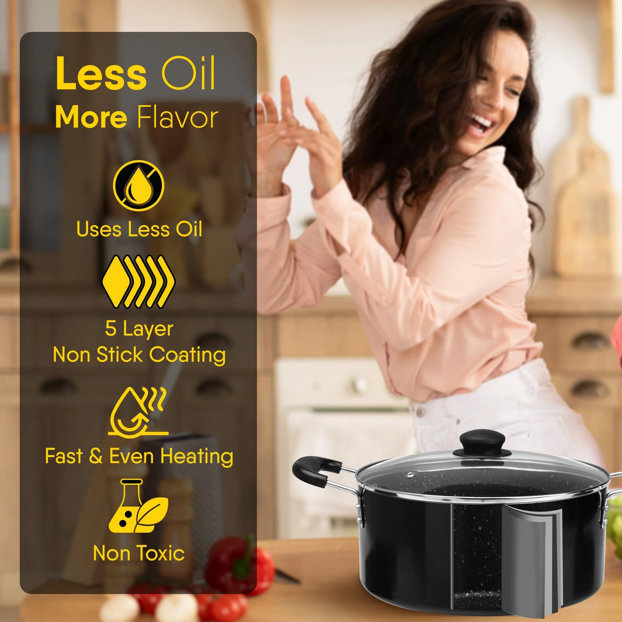 Elegant Non Stick  Biryani Pot with Glass Lid,  26 cm Diameter, 5.5L Capacity, Non Stick Coated Aluminium Pot, Side Handle, Gas & Induction Oven Compatible, Biriyani, Pulao - Image 3