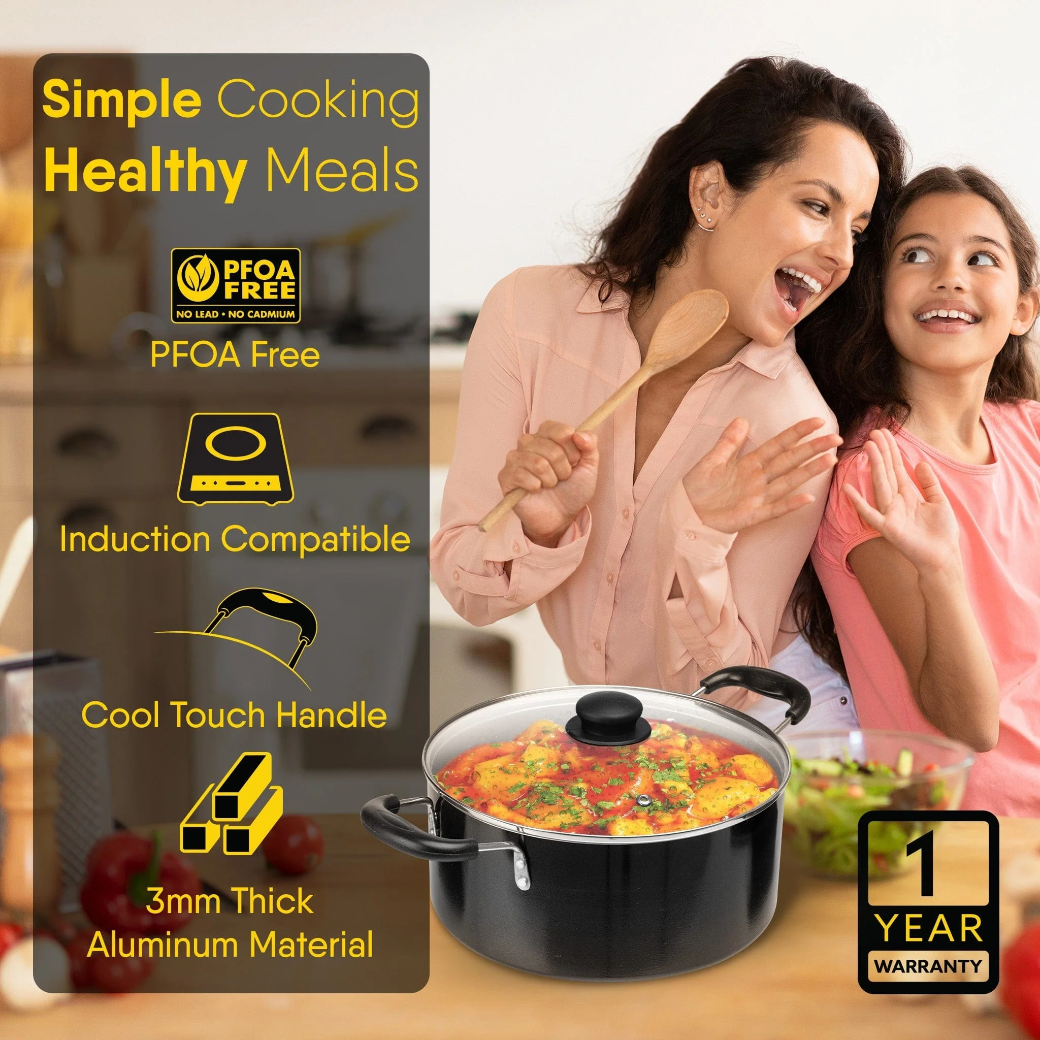 Elegant Non Stick  Biryani Pot with Glass Lid,  26 cm Diameter, 5.5L Capacity, Non Stick Coated Aluminium Pot, Side Handle, Gas & Induction Oven Compatible, Biriyani, Pulao - Image 6