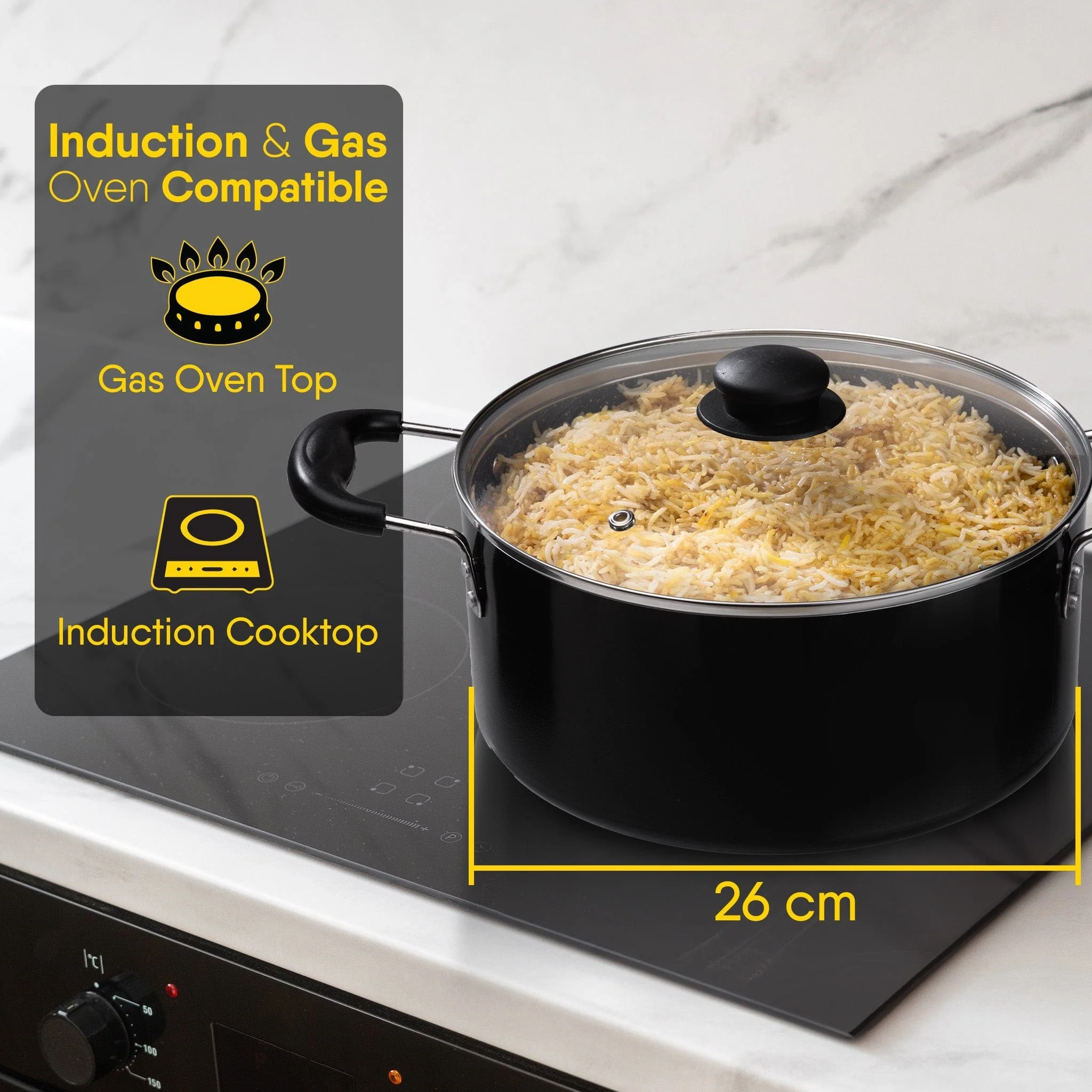 Elegant Non Stick  Biryani Pot with Glass Lid,  26 cm Diameter, 5.5L Capacity, Non Stick Coated Aluminium Pot, Side Handle, Gas & Induction Oven Compatible, Biriyani, Pulao - Image 9