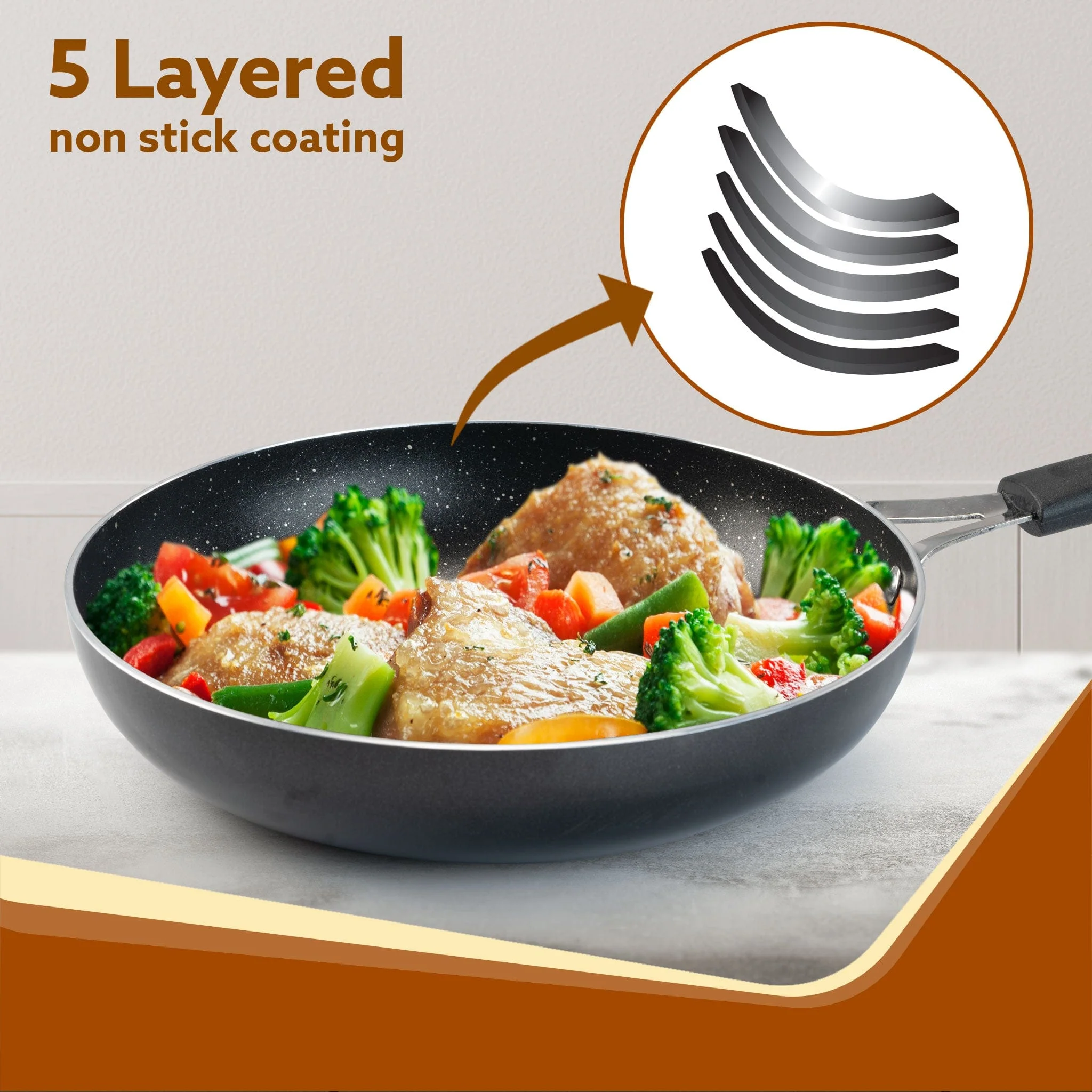 Elegant Non Stick Frying Pan, 2.25L Capacity, 24 cm Diameter, Induction and Gas Oven Friendly, Riveted Cool Touch Handle, Granite Finish, PFOA Free, 4mm Thick, Cooking, Frying, cookware, Black - Image 3