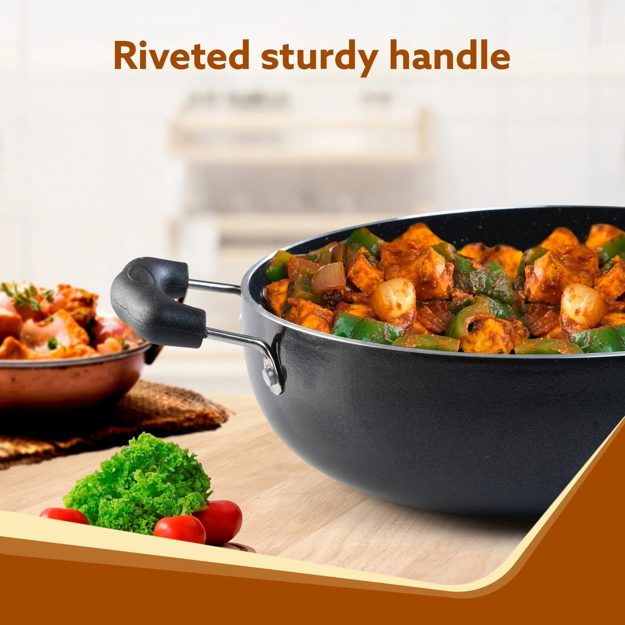 Elegant Non Stick Kadai with Glass Lid, 2.5L Capacity, 24 cm Diameter, Induction & Gas Oven Friendly, 3mm Thick, Riveted Cool Touch Handle, Granite Finish,  PFOA Free, Cooking, Frying, Serving, cookware, Black - Image 4