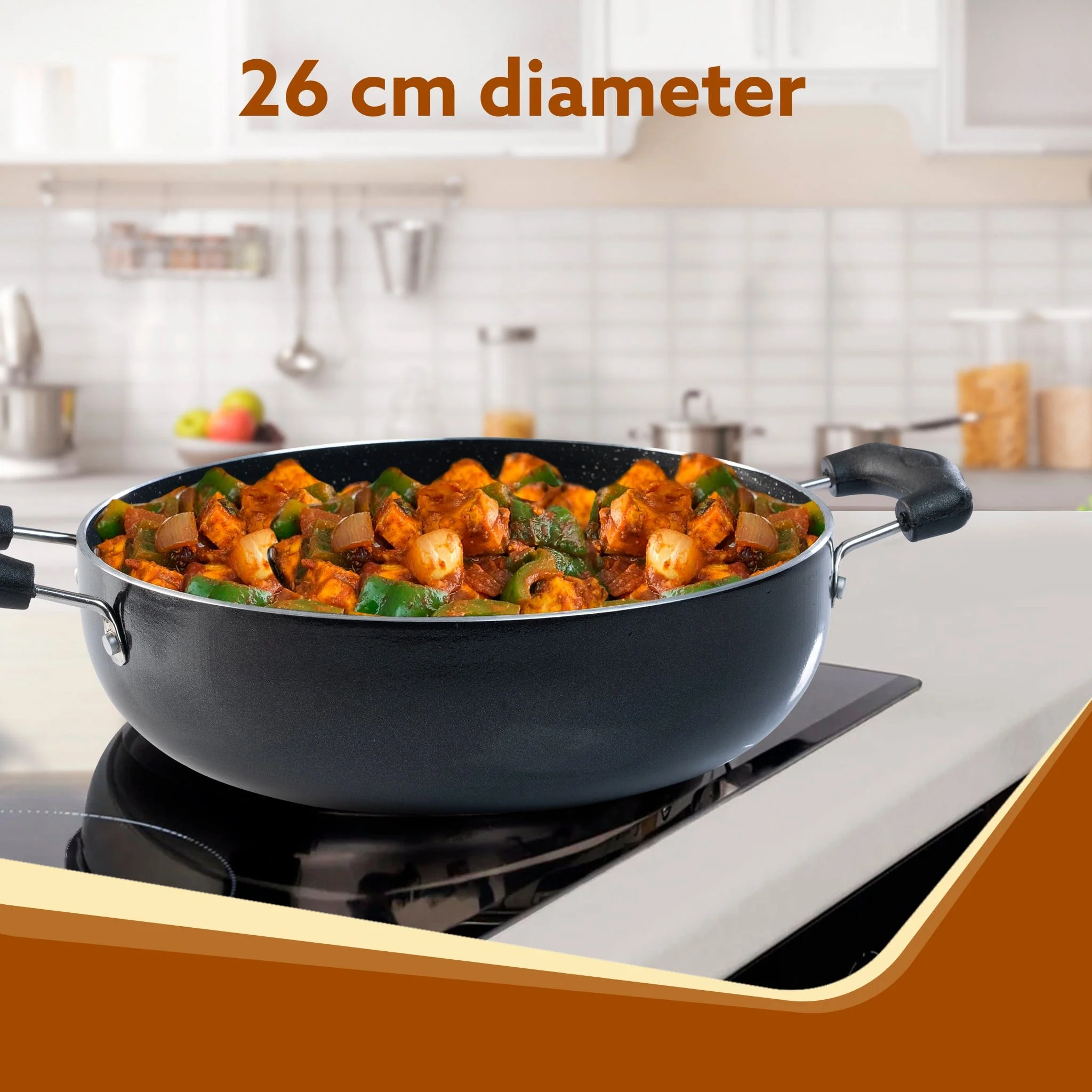 Elegant Non Stick Kadai with Glass Lid, 3.5L Capacity, 26 cm Diameter, Induction & Gas Oven Friendly, 3mm Thick, Riveted Cool Touch Handle, Granite Finish,  PFOA Free, Cooking, Frying, Serving, cookware, Black - Image 2