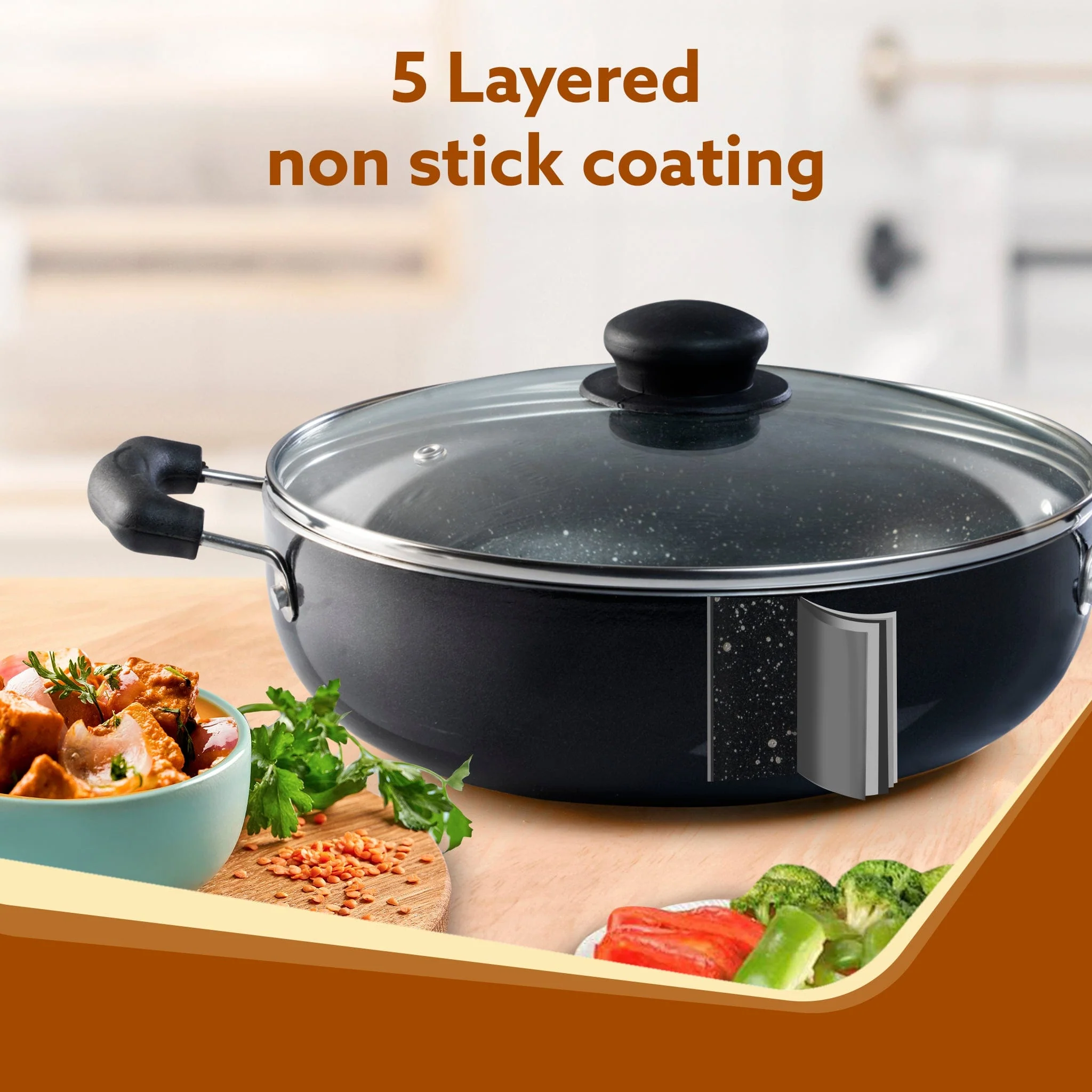Elegant Non Stick Kadai with Glass Lid, 3.5L Capacity, 26 cm Diameter, Induction & Gas Oven Friendly, 3mm Thick, Riveted Cool Touch Handle, Granite Finish,  PFOA Free, Cooking, Frying, Serving, cookware, Black - Image 3