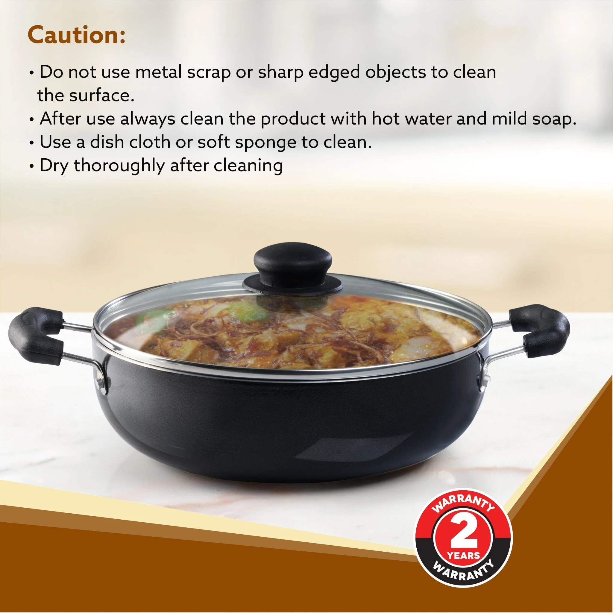 Elegant Non Stick Kadai with Glass Lid, 3.5L Capacity, 26 cm Diameter, Induction & Gas Oven Friendly, 3mm Thick, Riveted Cool Touch Handle, Granite Finish,  PFOA Free, Cooking, Frying, Serving, cookware, Black - Image 6