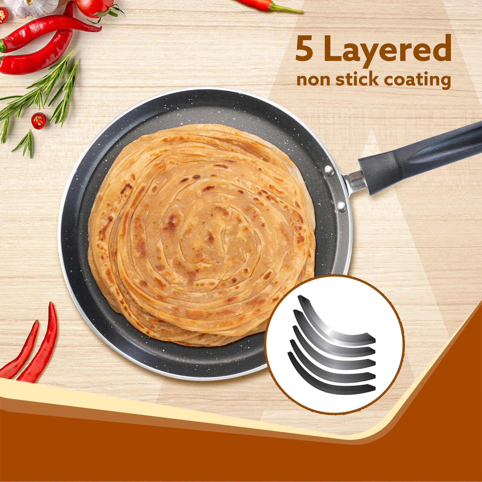 Elegant Non Stick Tawa, 28 cm Diameter, Induction and Gas Oven Friendly, Riveted Cool Touch Handle, Granite Finish, PFOA Free, 4 mm Thick, Dosa, Idli, Roti, Cooking, cookware, Black - Image 3