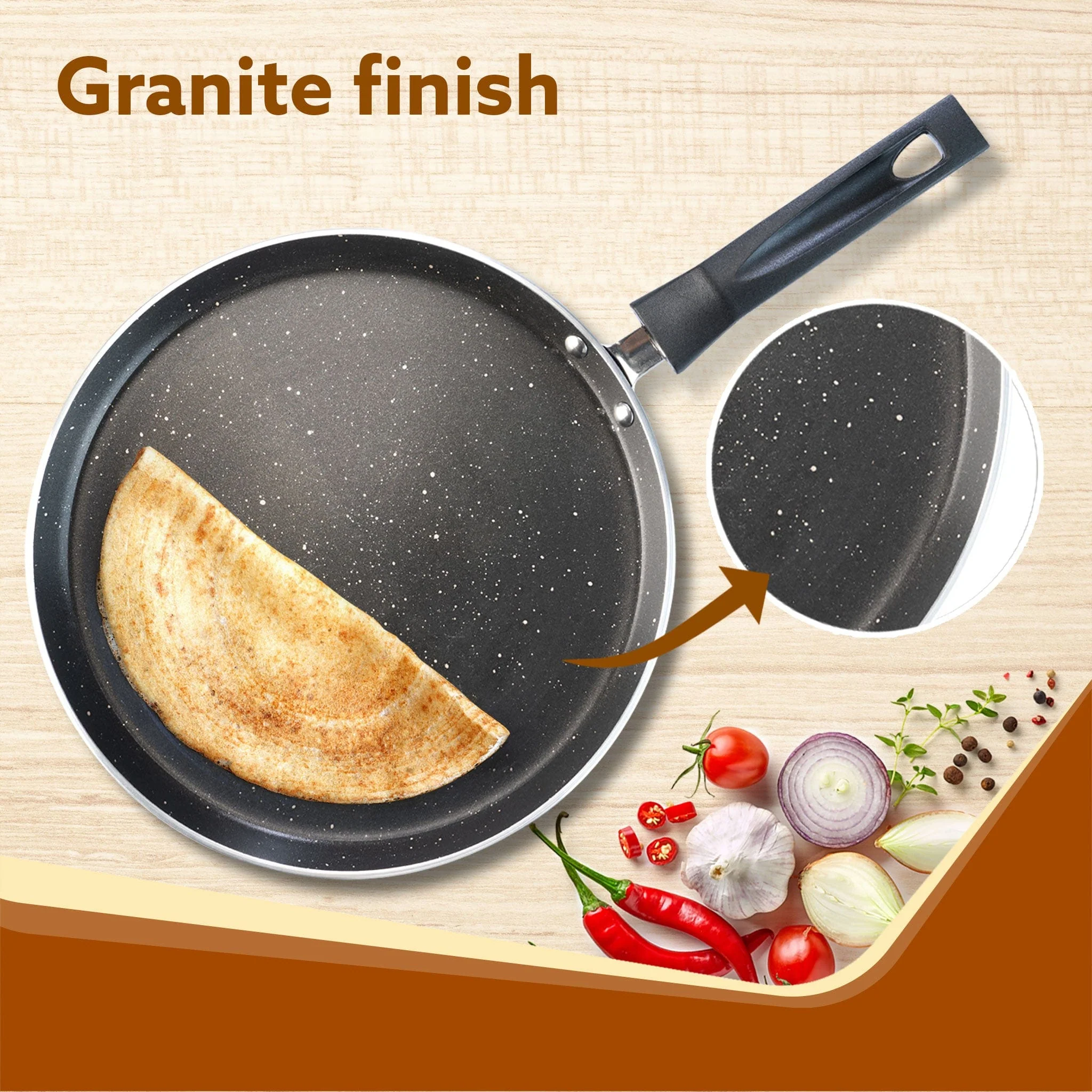 Elegant Non Stick Tawa, 28 cm Diameter, Induction and Gas Oven Friendly, Riveted Cool Touch Handle, Granite Finish, PFOA Free, 4 mm Thick, Dosa, Idli, Roti, Cooking, cookware, Black - Image 5