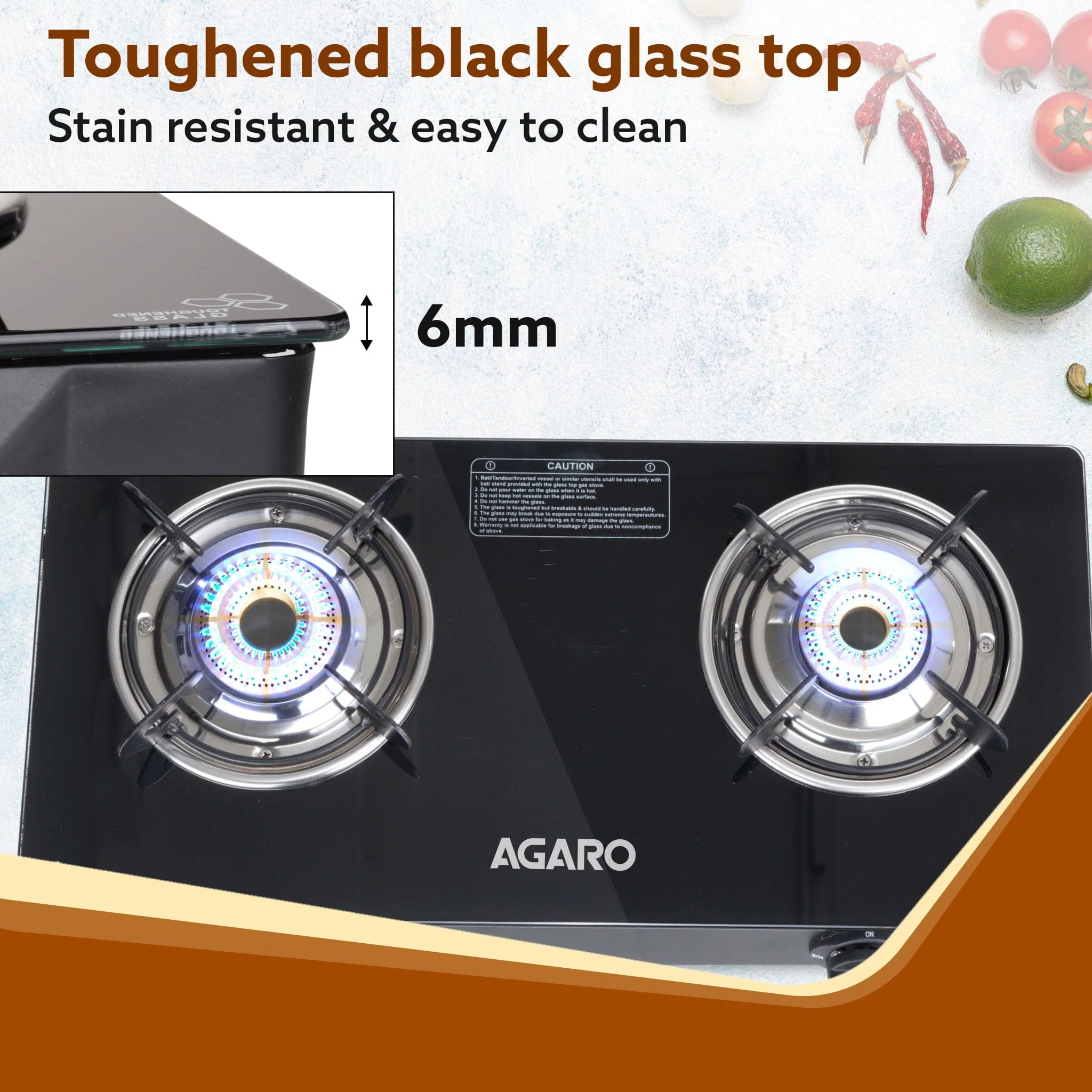 Elite 2 Burners Gas Stove, Toughened Glass Top, Round Brass Burners, 1 Small & 1 Medium Size Burner, Spill Proof Fixed Drip Tray, Manual Ignition, Kitchen Use, Regular Cooking Use, Black - Image 3